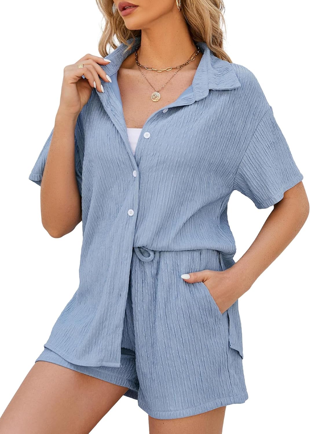 Flygo Womens 2 Piece Casual Outfits Summer Pleated Short Sleeve Top and Set Button Down Shirt Y2K
