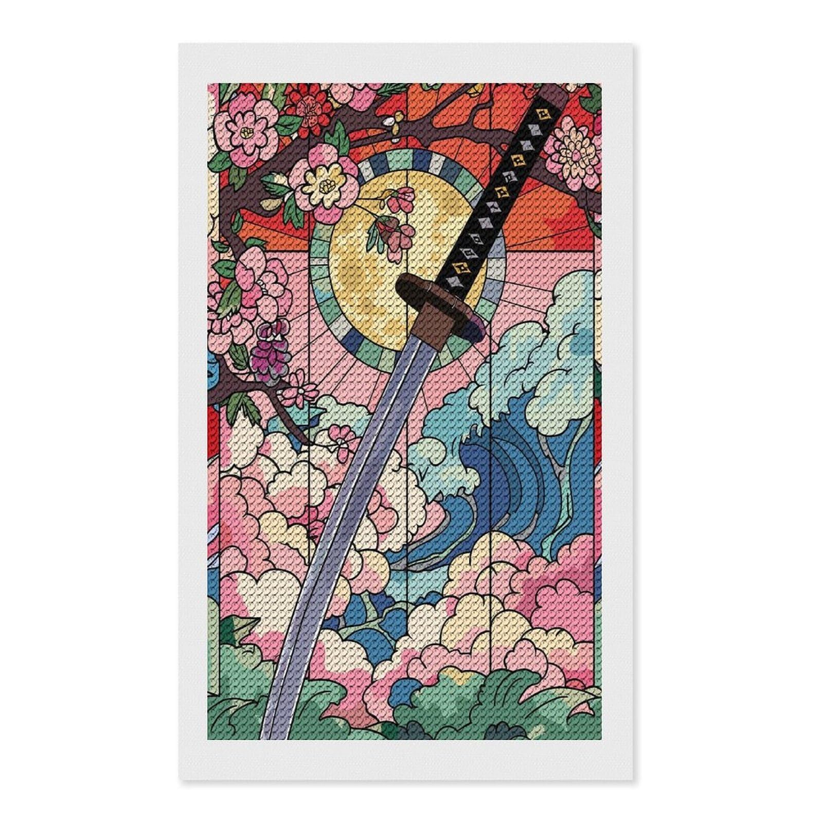 Junmoney Samurai Sword with Cherry Blossoms and Waves Diamond Art Canvas 12"x20", for Teens, Nice Detail and Sparkle, Farmhouse Decor, Festive Craft Gift, Easy to Enjoy
