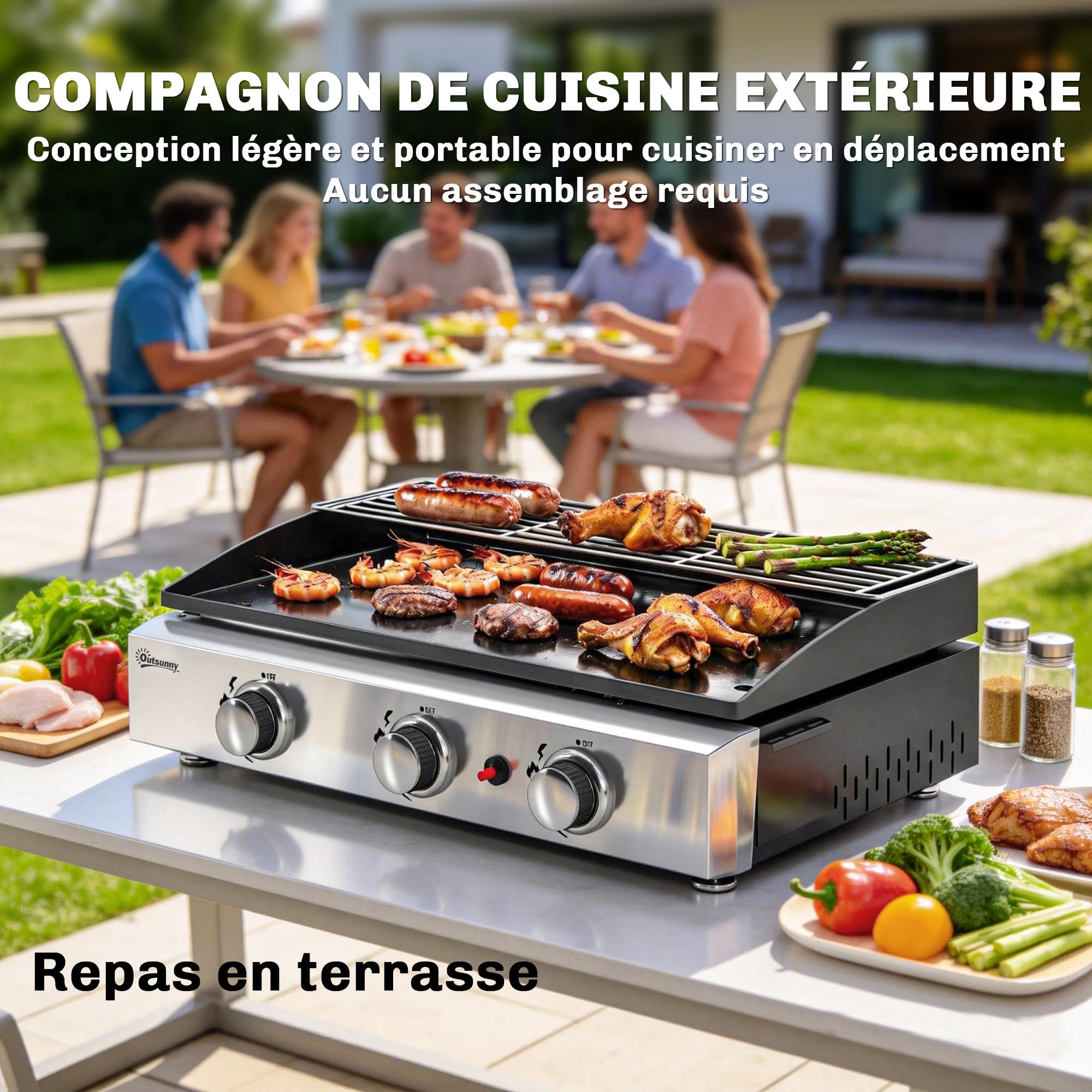 Outsunny Piastra a gas con 3 bruciatori in acciaio inox, 7,5 kW, barbecue a gas con piastra smaltata, resistente al calore e facile da pulire, barbecue da tavolo con griglia di riscaldamento, nero