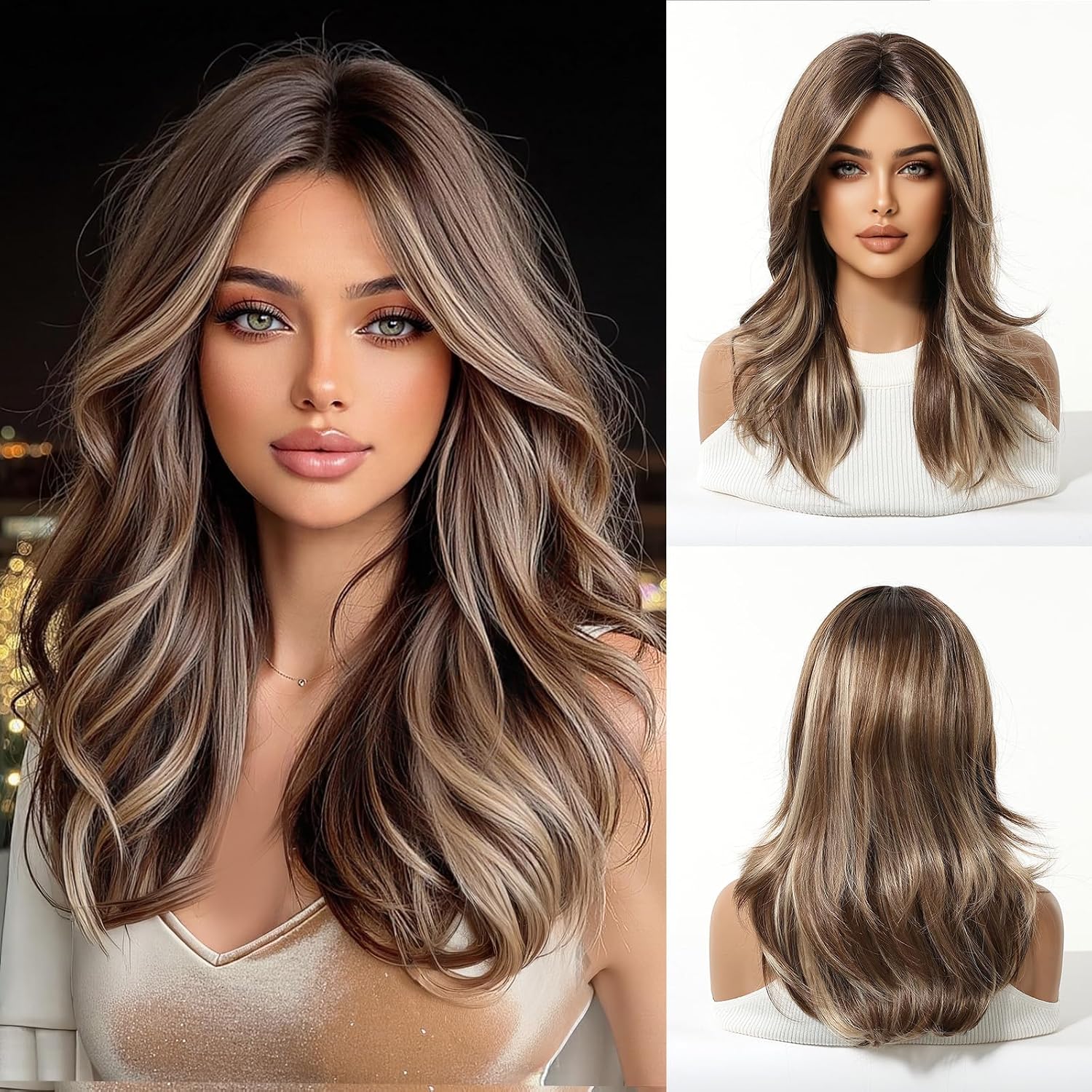 Layered Wavy Long Wigs for Women, Shoulder Length Synthetic Wig with Curtain Bangs Heat Resistant Soft Glueless Wig for Daily Party Use, 22 Inch #7BR20 Brown Highlight Blonde