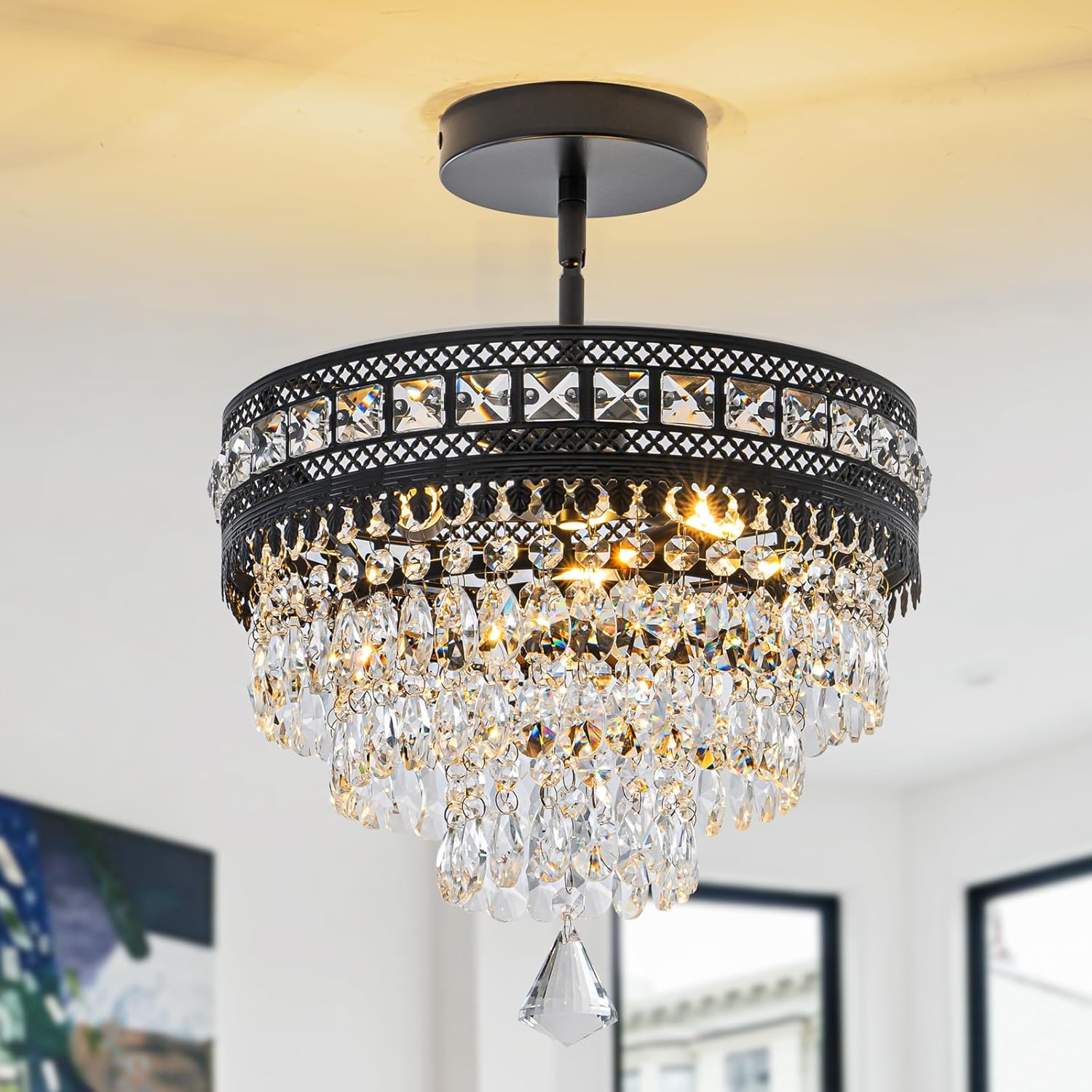 Modern Crystal Chandelier, Farmhouse Ceiling Light, Flush Mount Light Fixture,11.8W x 9H inches, 4-Layer K9 Crystal, Indoor Ceiling Light Pendant for Bedroom, Hallway, Closet (Midnight Onyx)