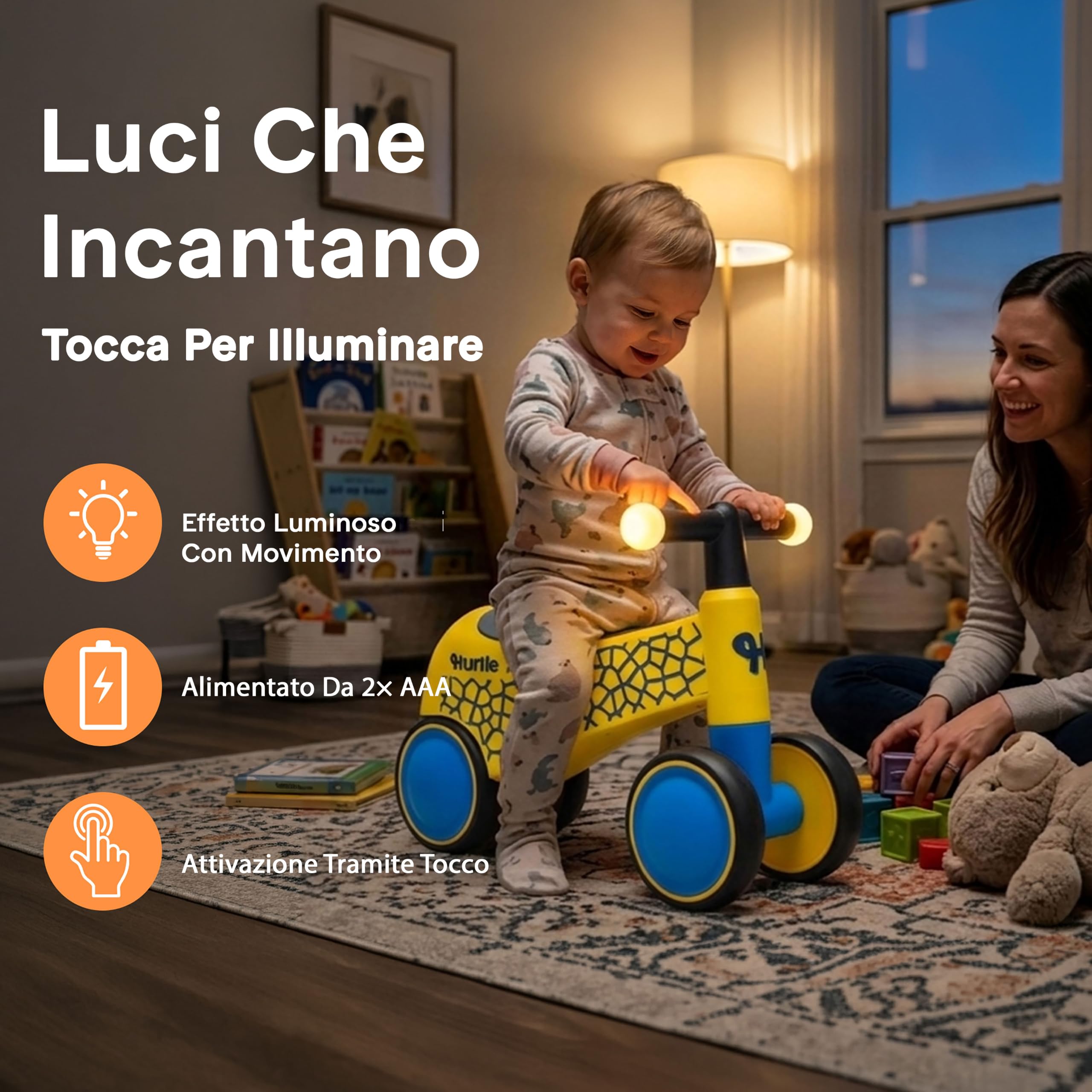 Hurtle Bicicletta senza Pedali, Balance Bike 1,5–3 Anni con Manubrio Luminoso, Bicicletta Bambini Leggera per Equilibrio e Coordinazione, Giochi Bambini, Regalo, Uso Interno/Esterno, Giallo