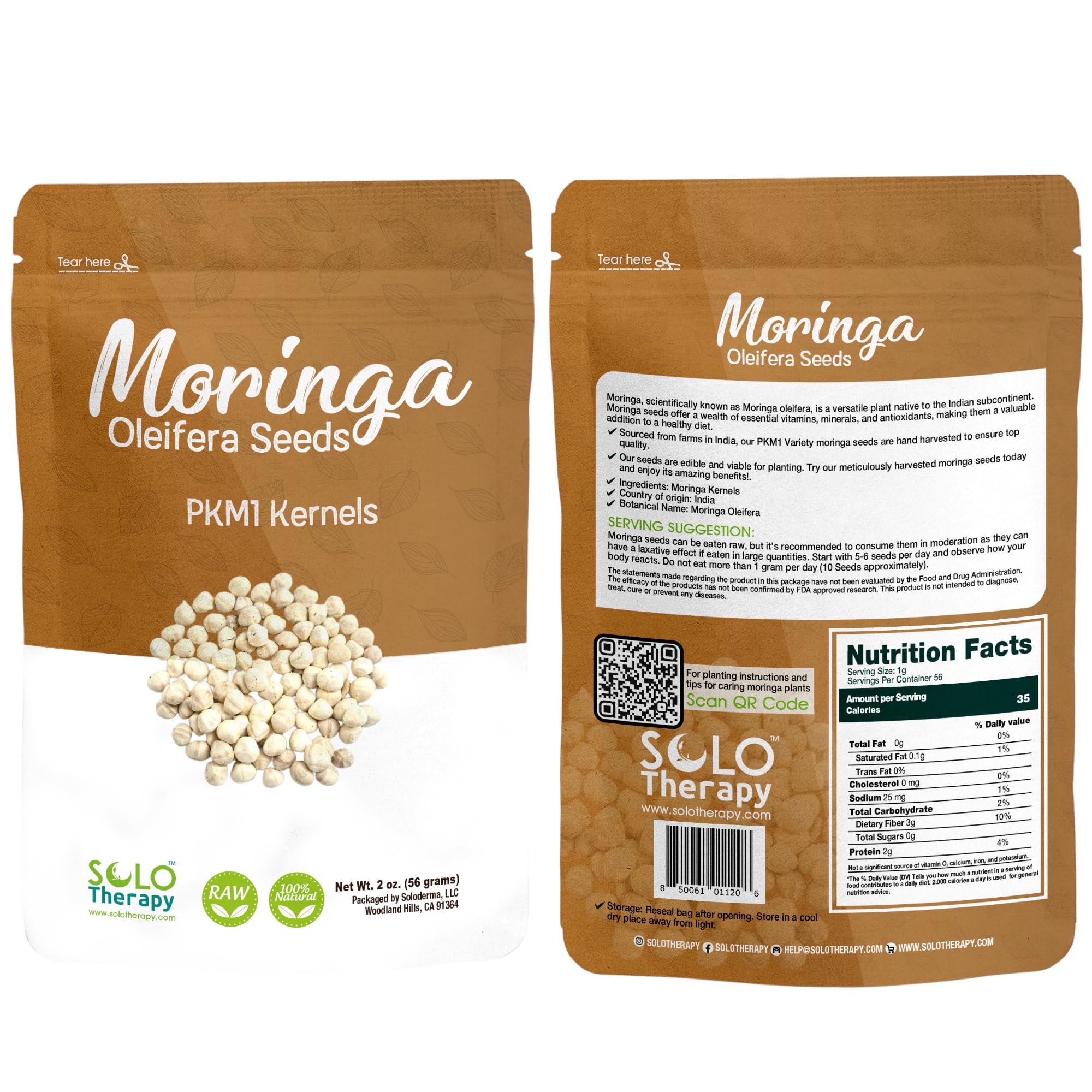 Solo Therapy Moringa Seeds Kernel Shelled Clean - PKM1, Edible, Malunggay, Drumstick Tree, Herbal Tea - Resealable Bag - 56 Grams - Premium Quality (Moringa Kernels)