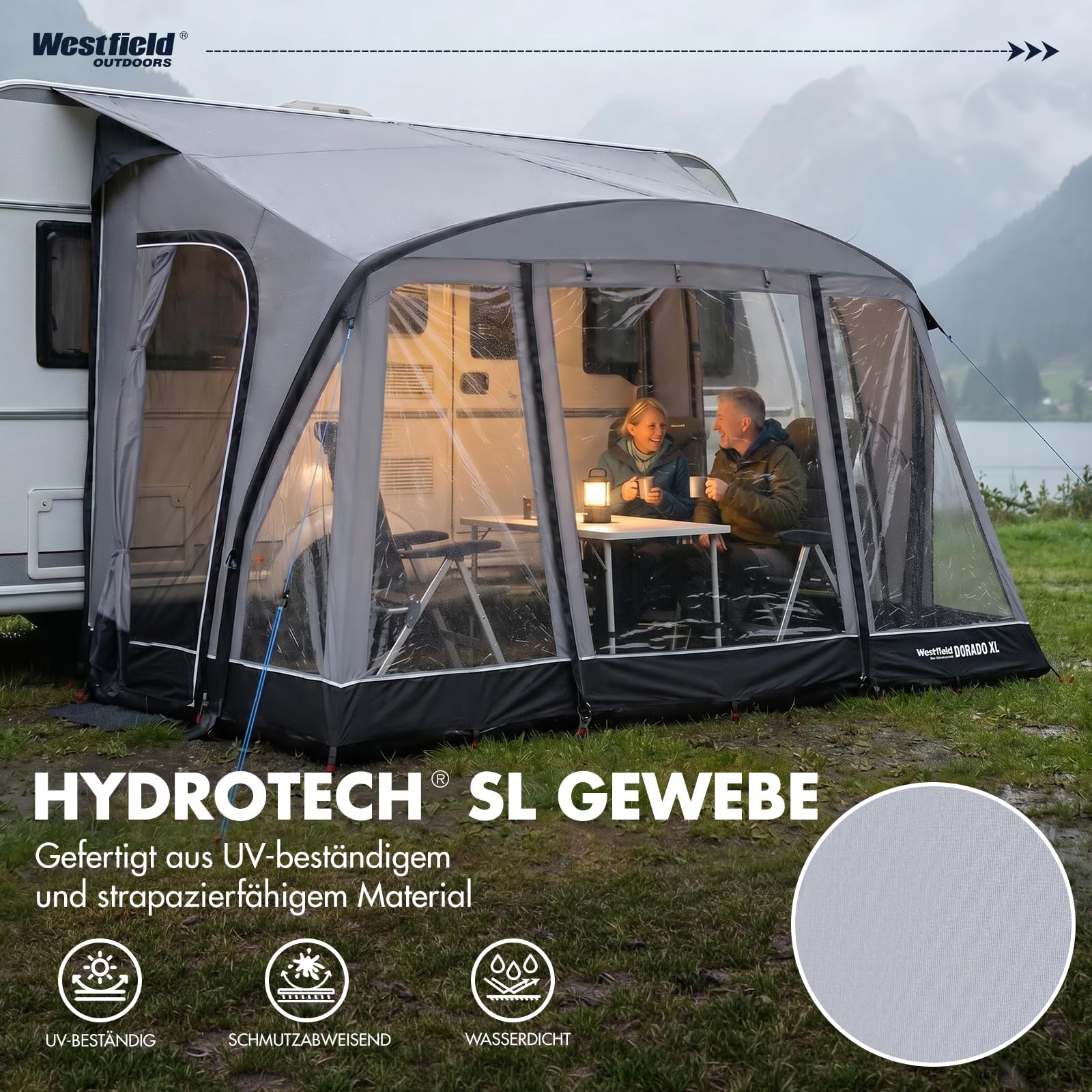 Westfield Outdoors Dorado XL 375 x 250 cm aufblasbares Vorzelt, Wohnwagenvorzelt, Wasserdicht 3000 mm, UV-beständig, Panoramafenster & Moskitoschutz, inklusive Pumpe & Tragetasche