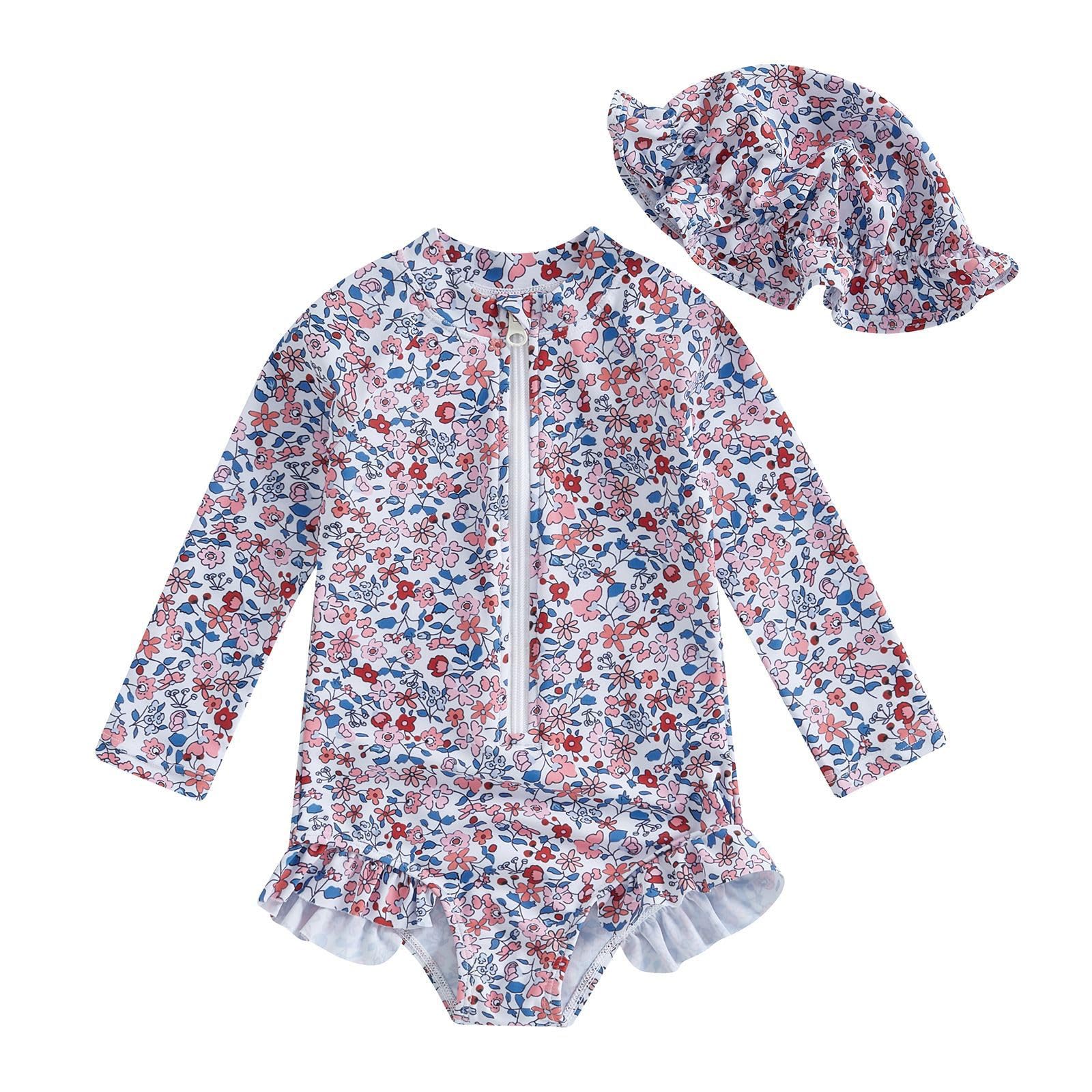 Maillot de bain d'été pour bébé fille avec motif floral fermeture éclair Rashguard à manches longues avec bonnet de bain