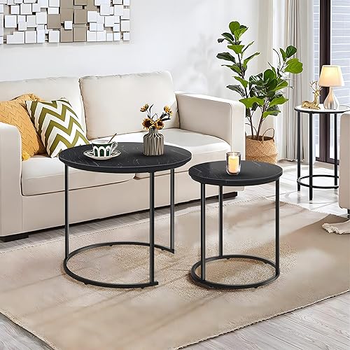 Miniatura 7 de Mesa de Centro Anidable de Mármol Negro para Espacios Pequeños 24 pulgadas 2 Juegos Mesa Lateral Alta de Extremo para Sofá Mesita de Noche Muebles