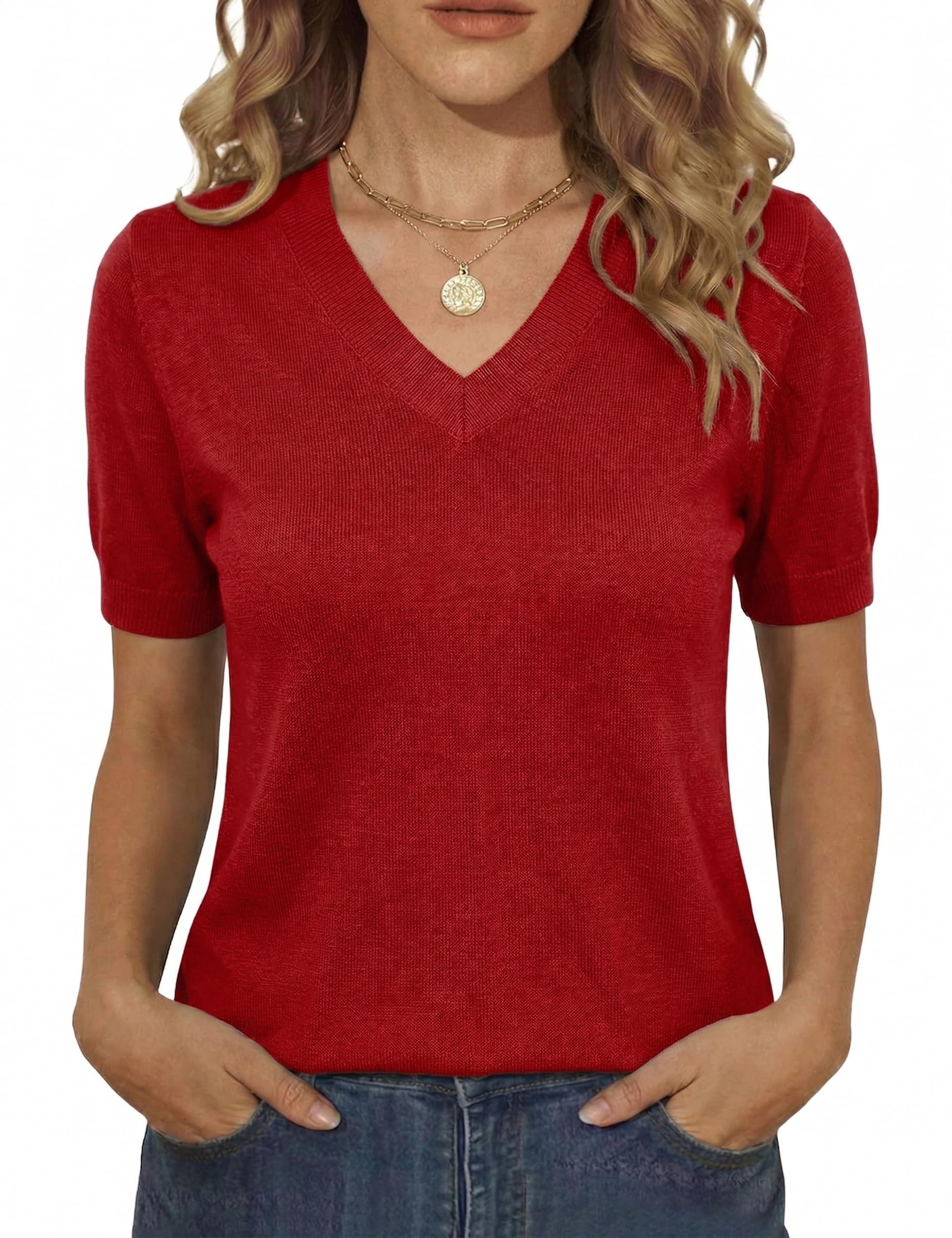 Totatuit Pullover Damen Kurzarm V Ausschnitt Winter Leicht Pulli Unterziehshirt Wolle Blended Strickpullover Damen Geeignet zum Alleintragen im Frühling und Sommer