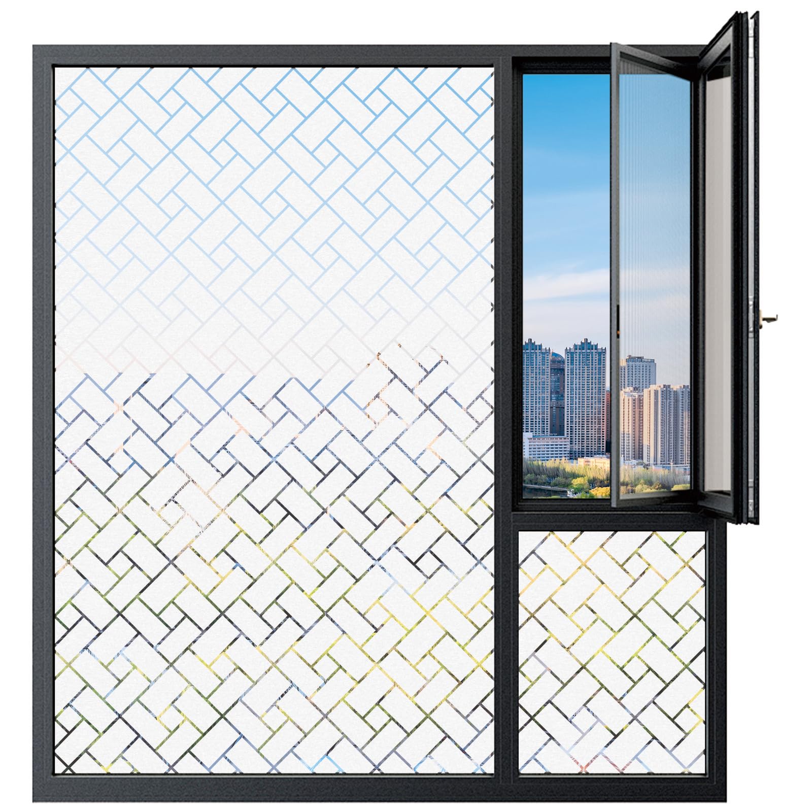 Privacy Window Film 60 x 340 cm Blocks UV Static Cling No Glue Removable Heat Cotrol, Privacy Protection, Opaque Window Sticker Door for Home Office, Oblique Grid