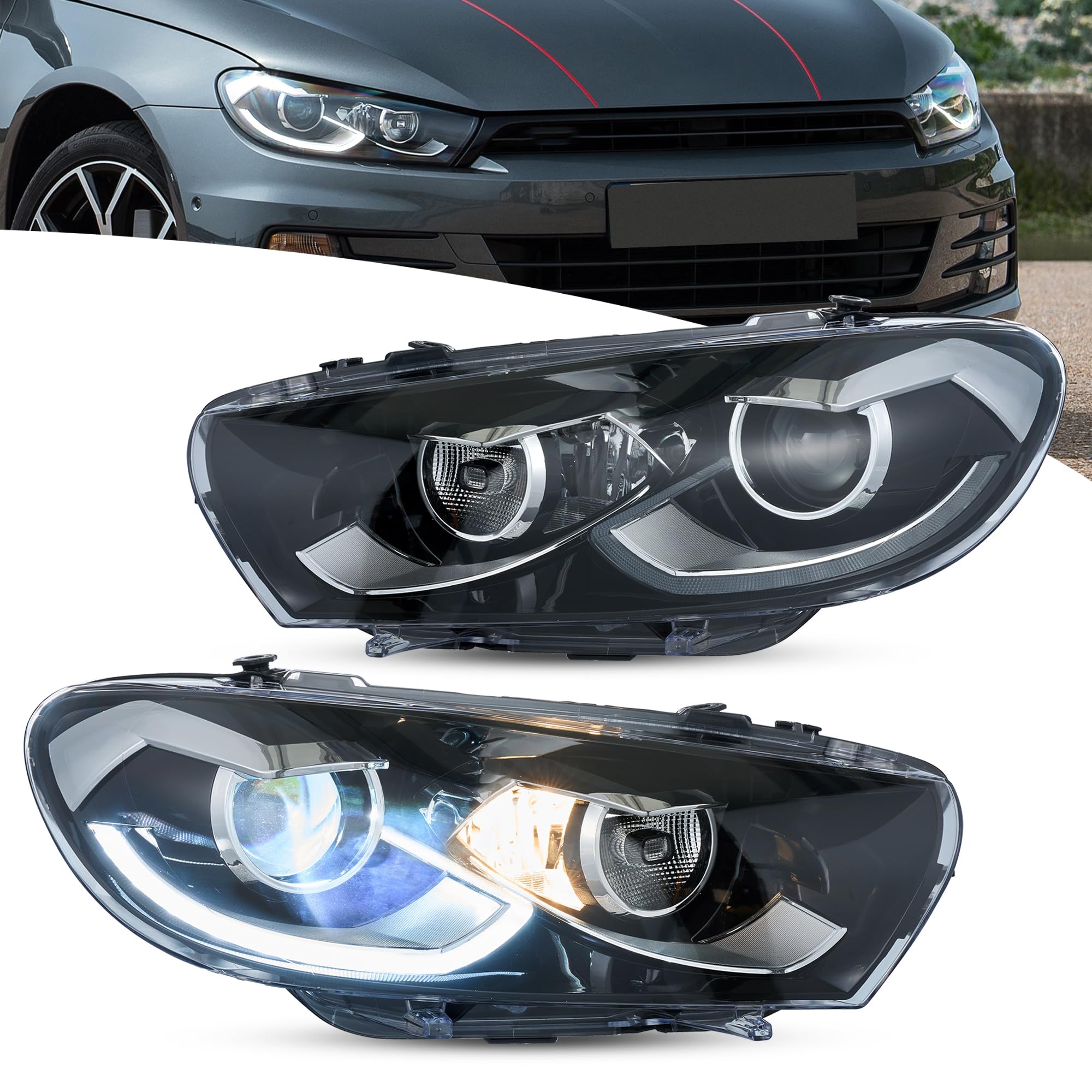 VLAND Fari per Scirocco 3 TSI TDI R 2009-2014 (alogeno/xeno/R), LED DRL, con display dinamico di avvio e indicatori di direzione sequenziali, 1 coppia