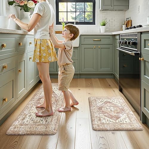 Vista 760 de KIMODE - Juego de 2 tapetes de cocina bohemios, antifatiga, antideslizantes, impermeables, ergonómicos, acolchados, cómodos, para lavandería, Caqui