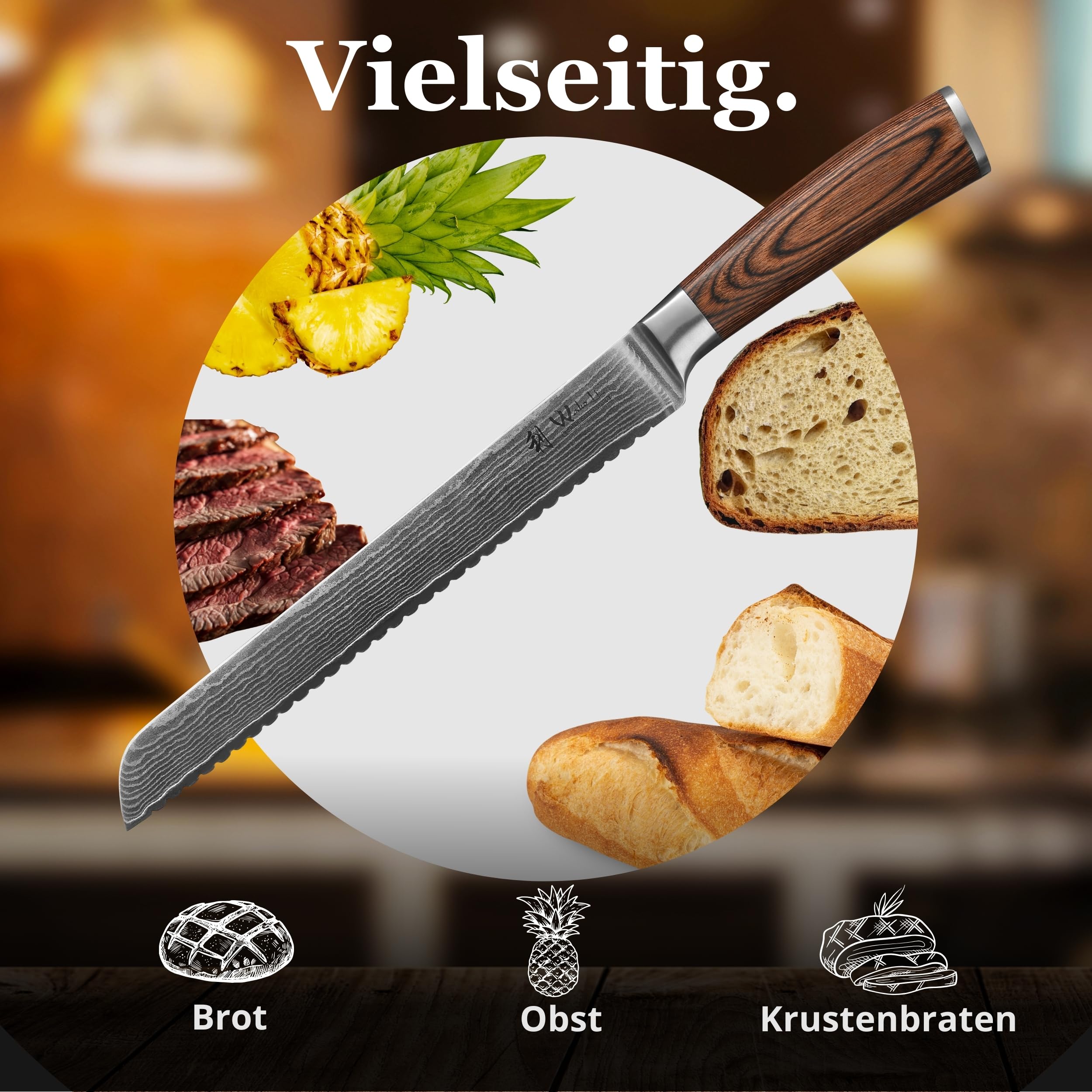 Wakoli EDIB Brotmesser, 23 cm Klinge aus Damaststahl mit VG10 Kern | Einseitiger Wellenschliff für große Brotlaibe, Baguette und Krusten; 67 Lagen, 60 ± 2 HRC, Pakkaholzgriff, Geschenkbox