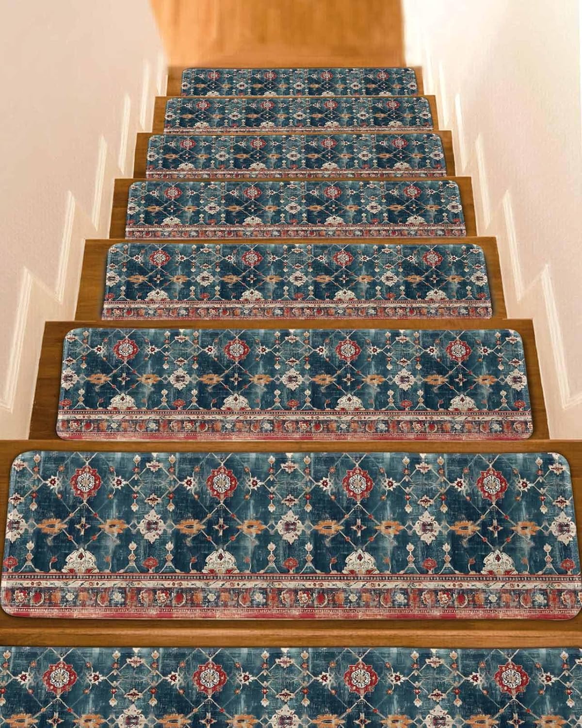 Stair Treads Non Slip Indoor for Wooden Steps, Middle Century 7 Pcs Stair Mats for Kids Elders Dogs, 8 x 30 Inch Vintage Abstract Bohemia Tribal Pattern Blue Carpet Treads Runner Rugs for Staircase