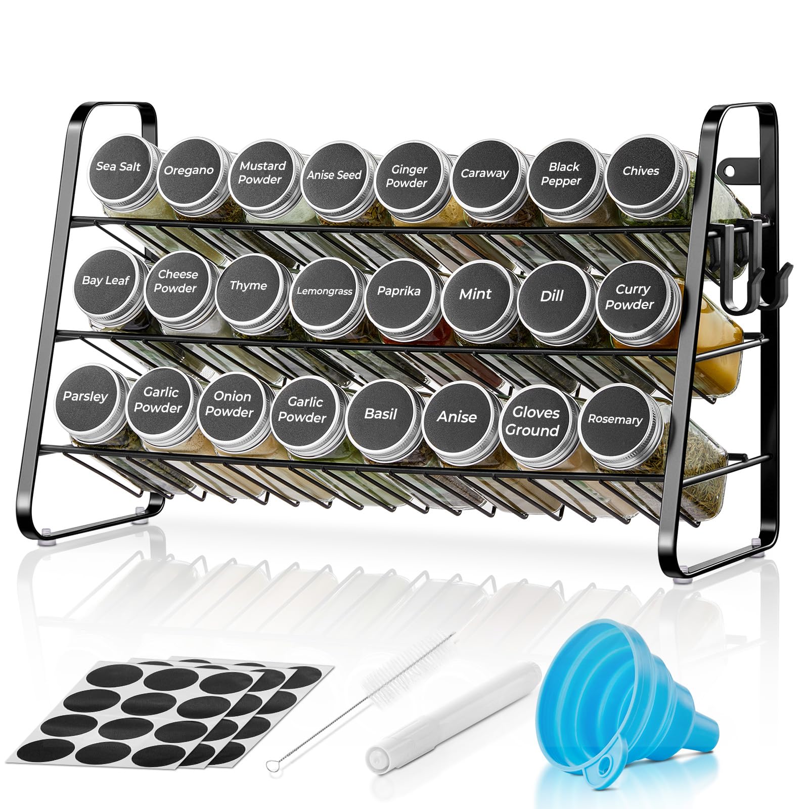 FOHERE Rangement Epices Cuisine à 3 Niveaux avec 24 Bocaux en Verre