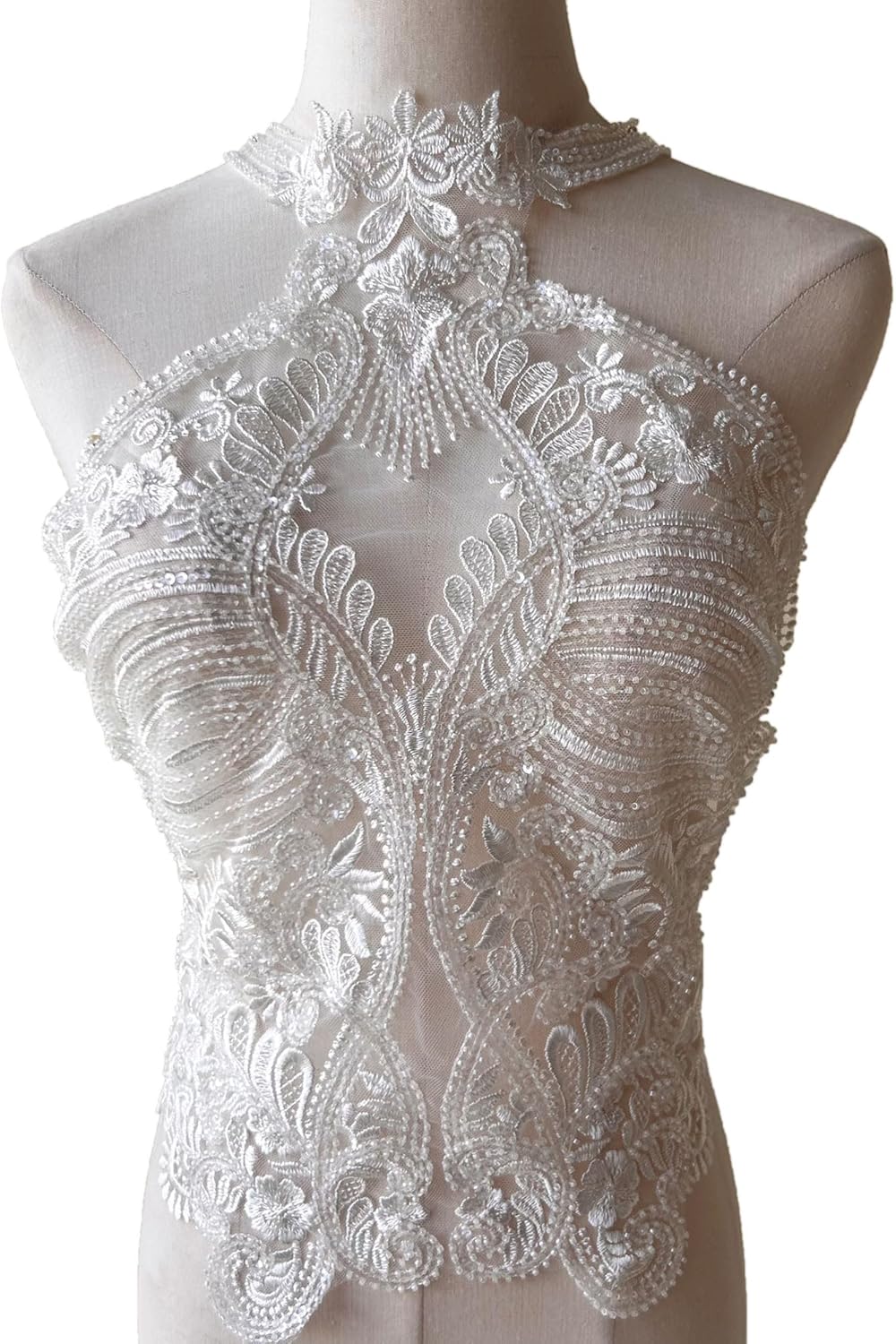 Halter Neck Beaded Applique Off-White Beaded Embroideried Flower Applique for Bridal Dress Wedding Motif