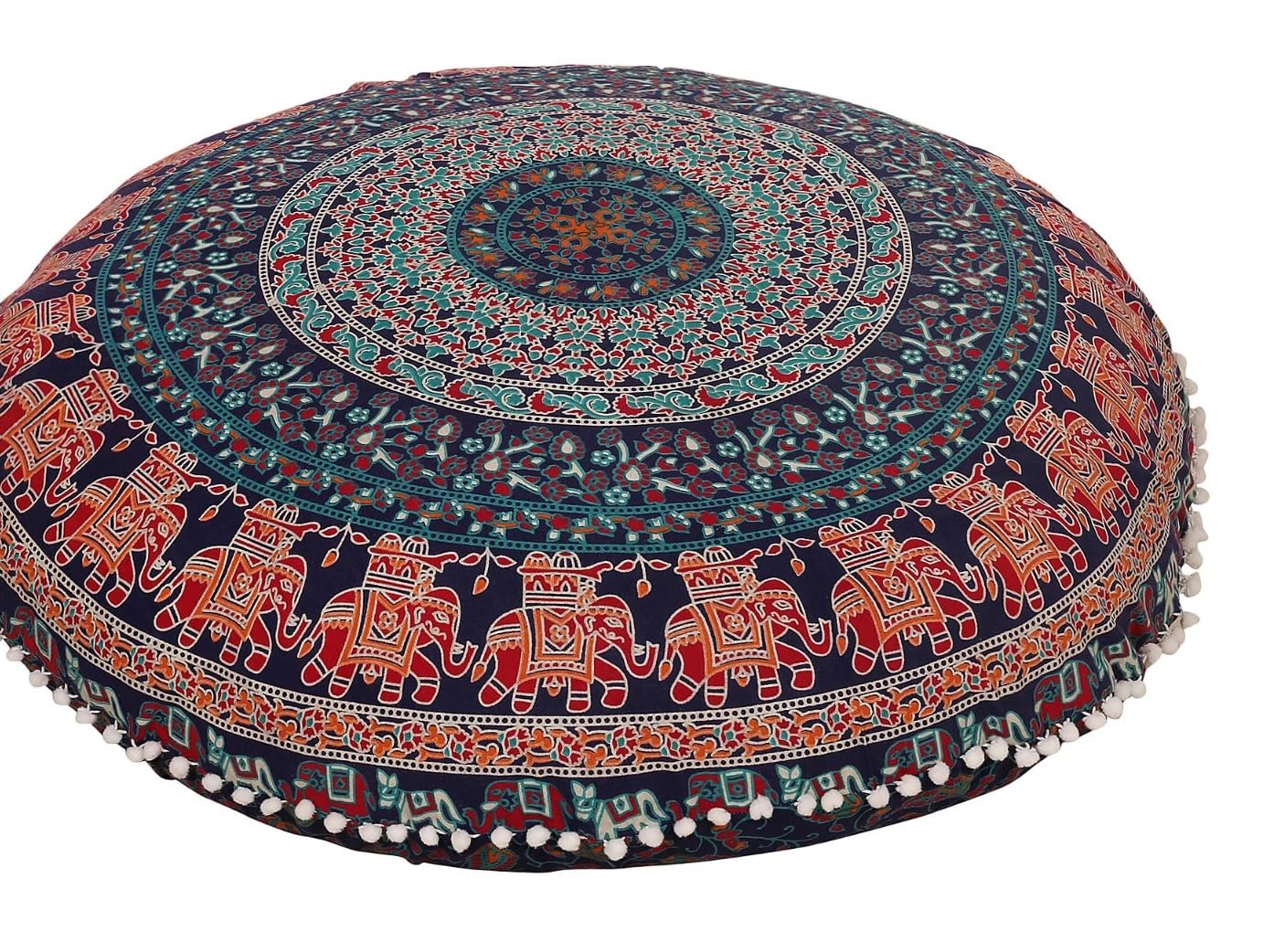 RHF 32" Blue Bohemian Indian Decorative Floor Pillow Boho Mandala Hippie Cushion Sea Ottoman Poufs, Pom Pom Pillow Cases