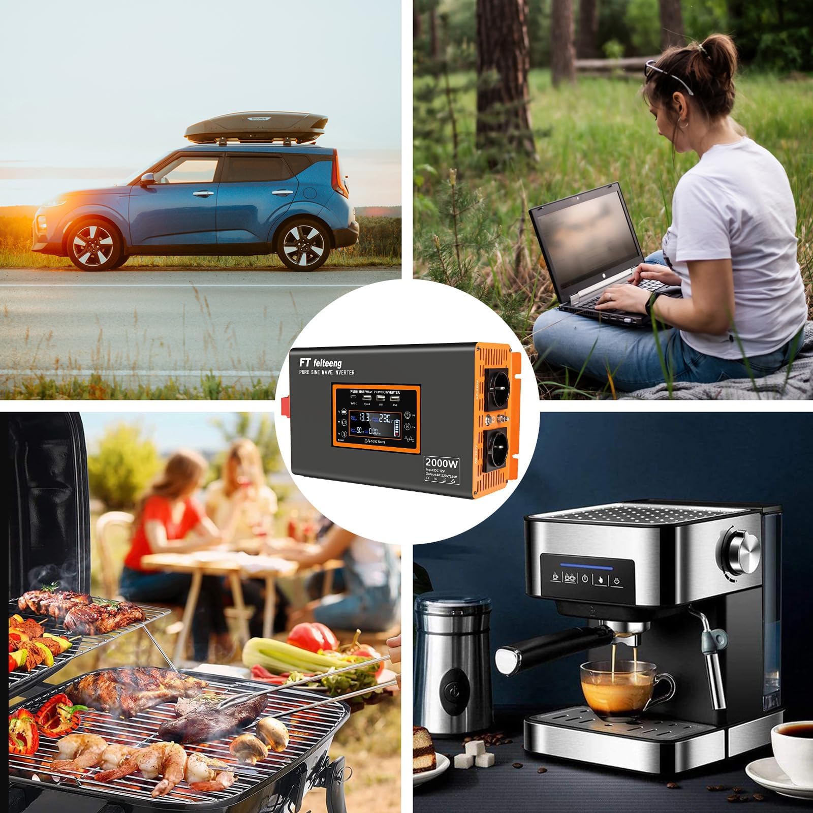 2000W/4000W Convertisseur 12V 220V Pur Sinus Onduleur,transformateur 12v 220v avec 2 Prises CA, Port USB, Télécommande, écran LCD, pour Les Systèmes Solaires, Voiture, Camping,Voyage Caravane