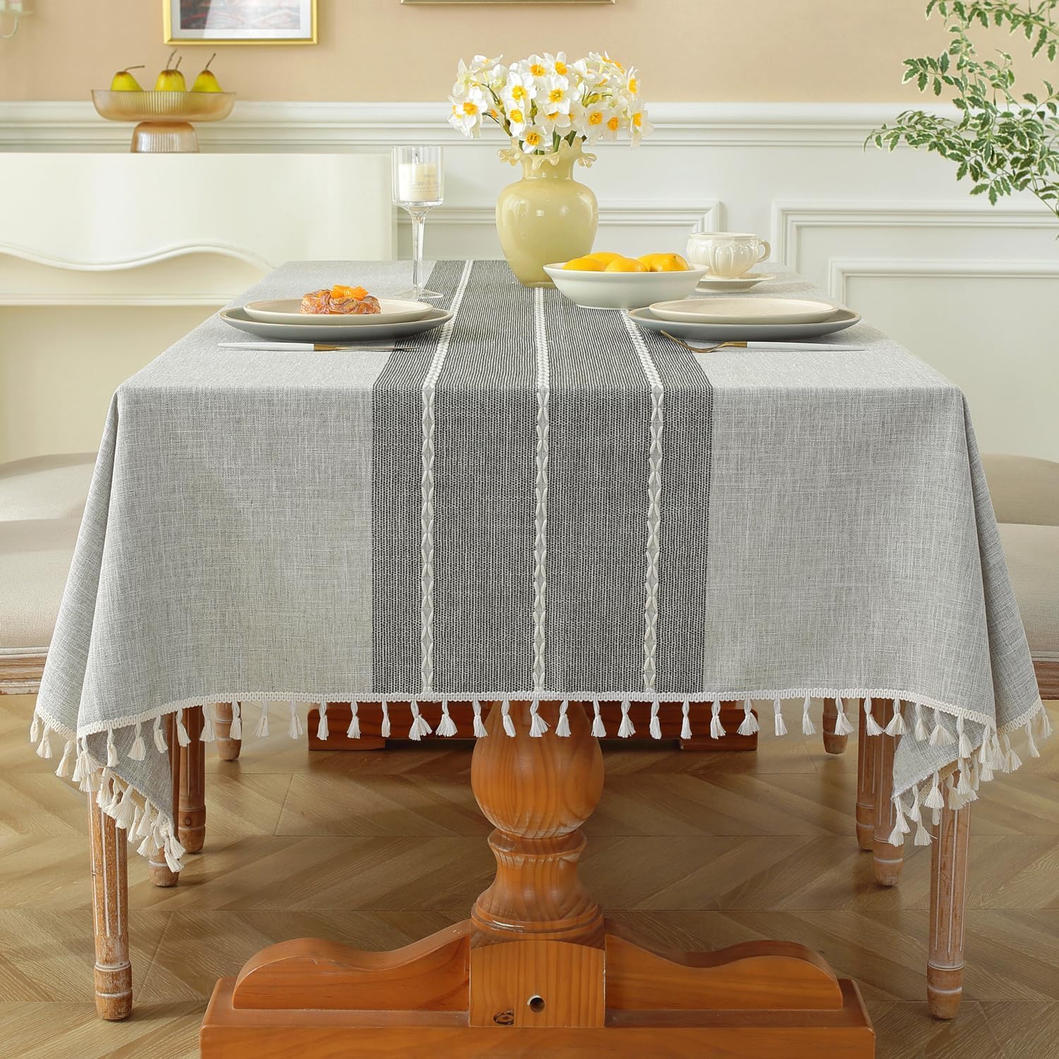 Laolitou Table Cloth Cotton Linen, 55 x 86 Inch Tablecloth Rectangular, Wipe Clean Table Cover Anti-Wrinkle Tassel Design for Christmas Party Outdoor Garden Kitchen Dinning (Grey LInes)