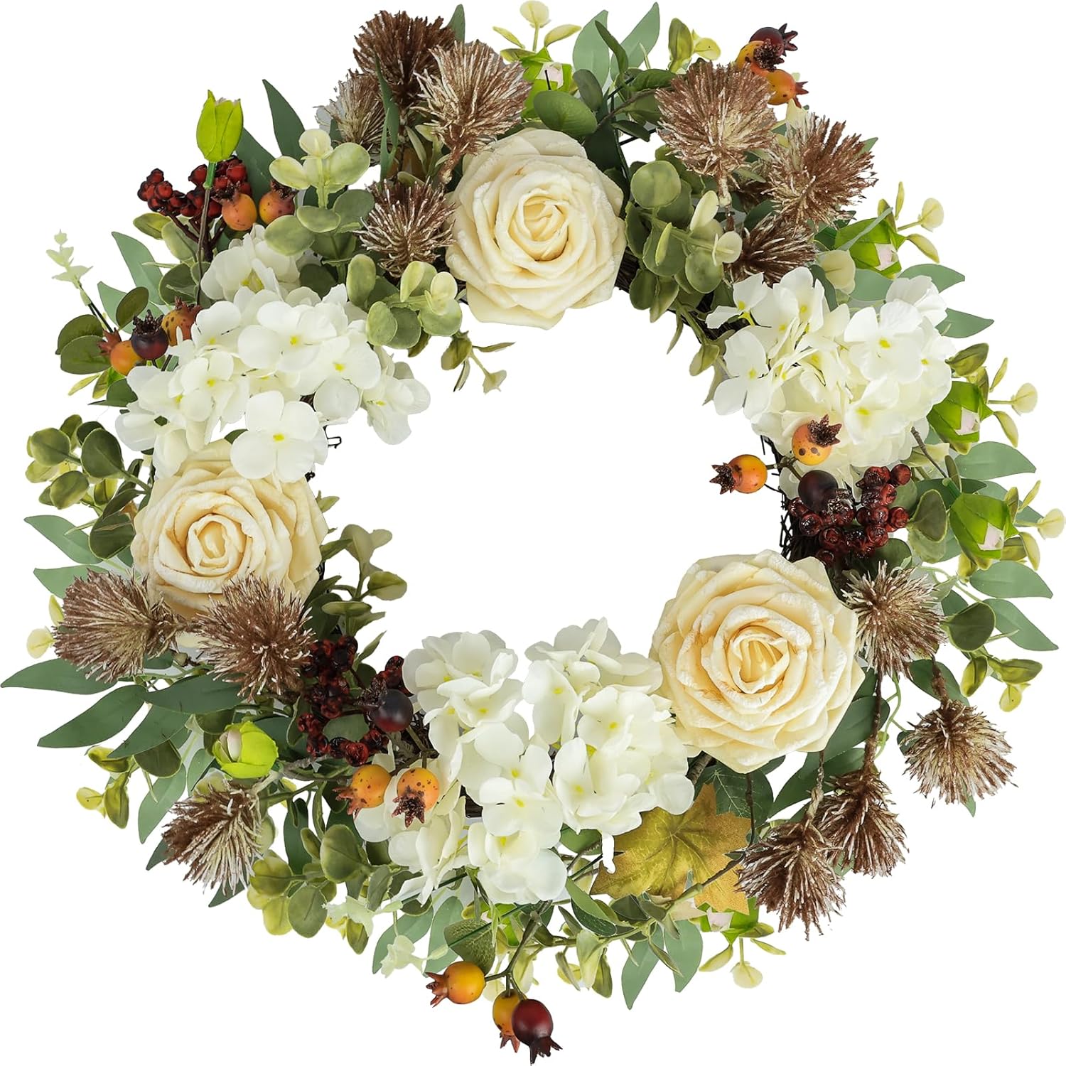 22'' Summer Wreaths for Front Door,Hydrangea Artificial Flowers with Blue Hydrangeas, Berries, Globular Daisies,Hydrangea Plant for Outdoor/Indoor Window Wall Porch Home Farmhouse Decor.