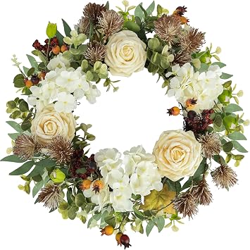 22 Summer Wreaths for Front Door,Hydrangea Artificial Flowers with Blue Hydrangeas, Berries, Globular Daisies,Hydrangea Plant for Outdoor/Indoor Window Wall Porch Home Farmhouse Decor.