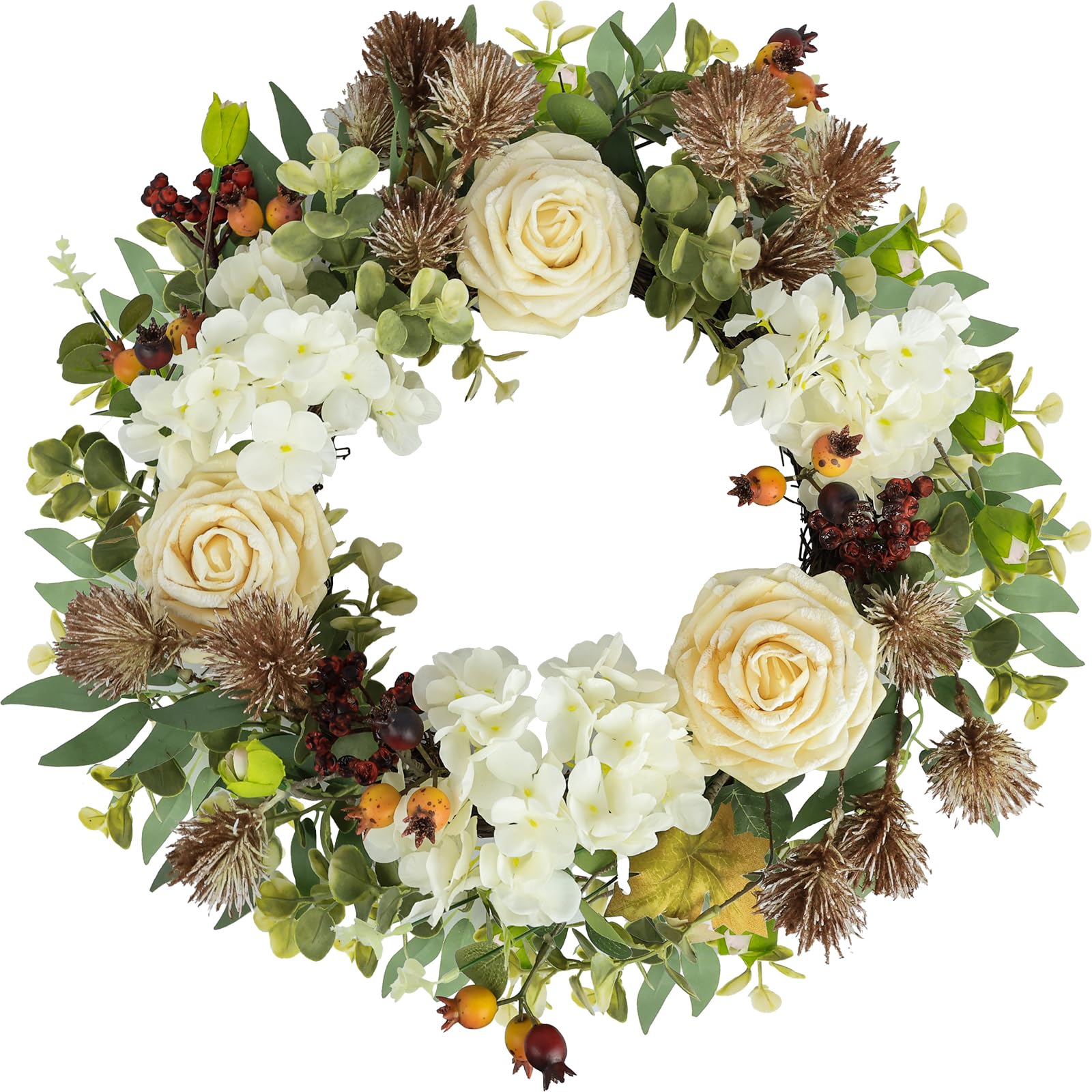 22'' Summer Wreaths for Front Door,Hydrangea Artificial Flowers with Blue Hydrangeas, Berries, Globular Daisies,Hydrangea Plant for Outdoor/Indoor Window Wall Porch Home Farmhouse Decor.