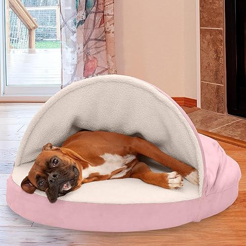 Miniatura 3 de Cama Furhaven de sherpa y gamuza acogedora - Cama para perro de espuma viscoelástica, color rosa, 35 pulgadas