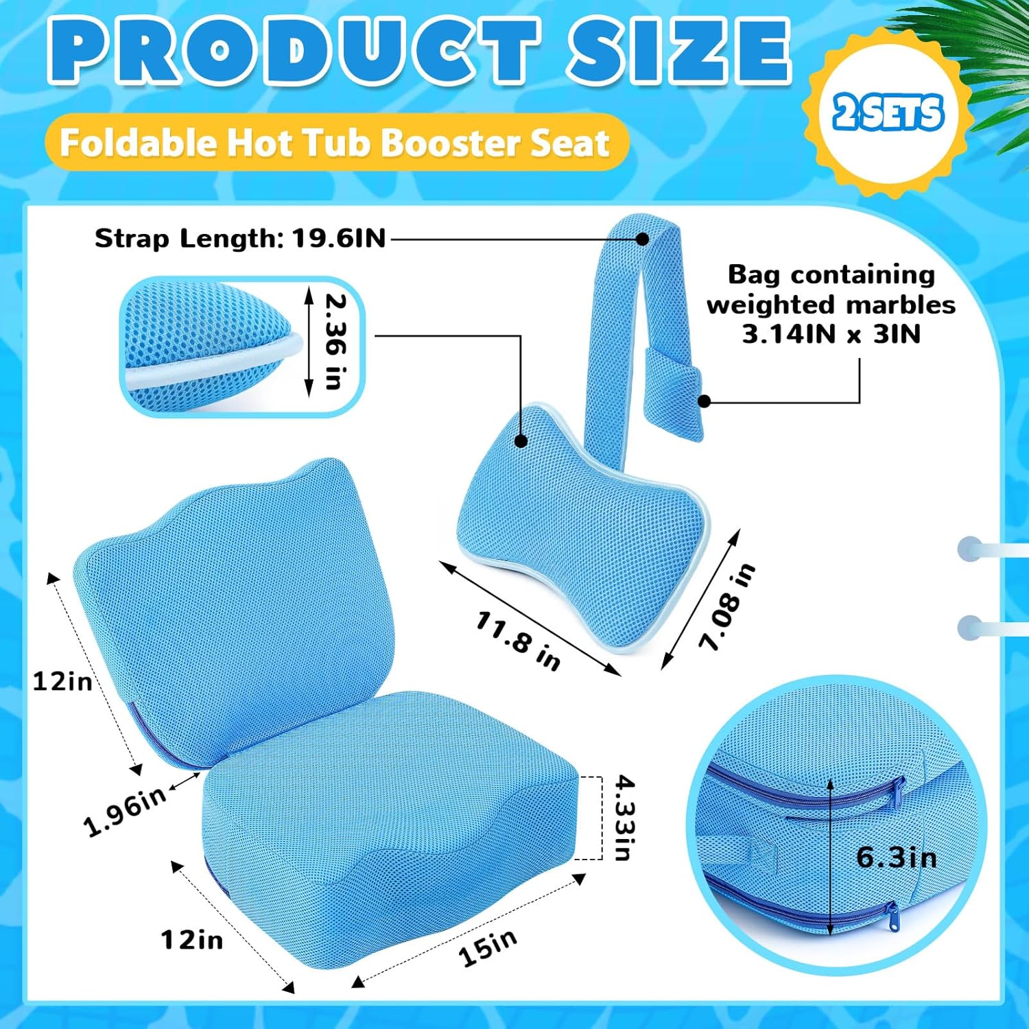 Yerliker 2 Pcs Foldable Hot Tub Booster Seat for Adults Adjustable 2 Heights up to 6.3" with Bath Pillow Weighted Spa Cushion Mesh Inflatable Hot Tub Seat Accessories for Spa Bathtub Pool