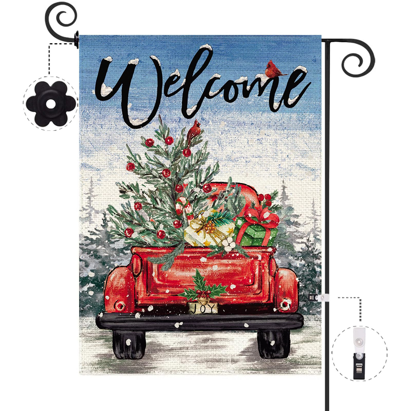 Baccessor Christmas Welcome Truck Blue Sky Garden Flag 12.5 x 18 Inch Double Sided Burlap Winter Tree Yard Flag Holiday Seasonal Outdoor Outside Decoration
