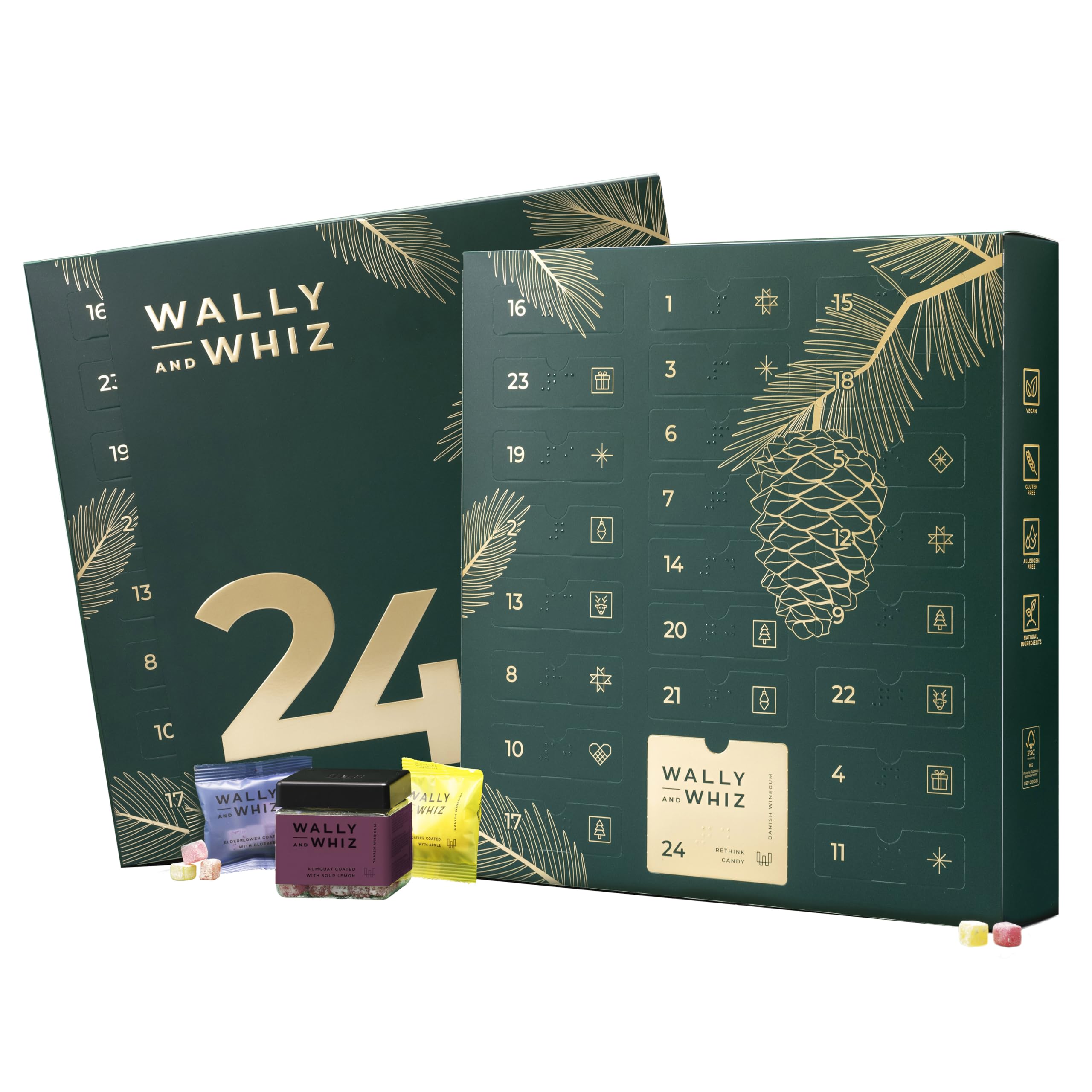 Wally and Whiz Adventskalender 2025, Dänische Gourmet Weingummi, Vegan/Glutenfrei/Allergenfrei, Weihnachtskalender mit 12 Premium Geschmackssorten, für Erwachsene & Kinder, Natürliche Zutaten - 393g