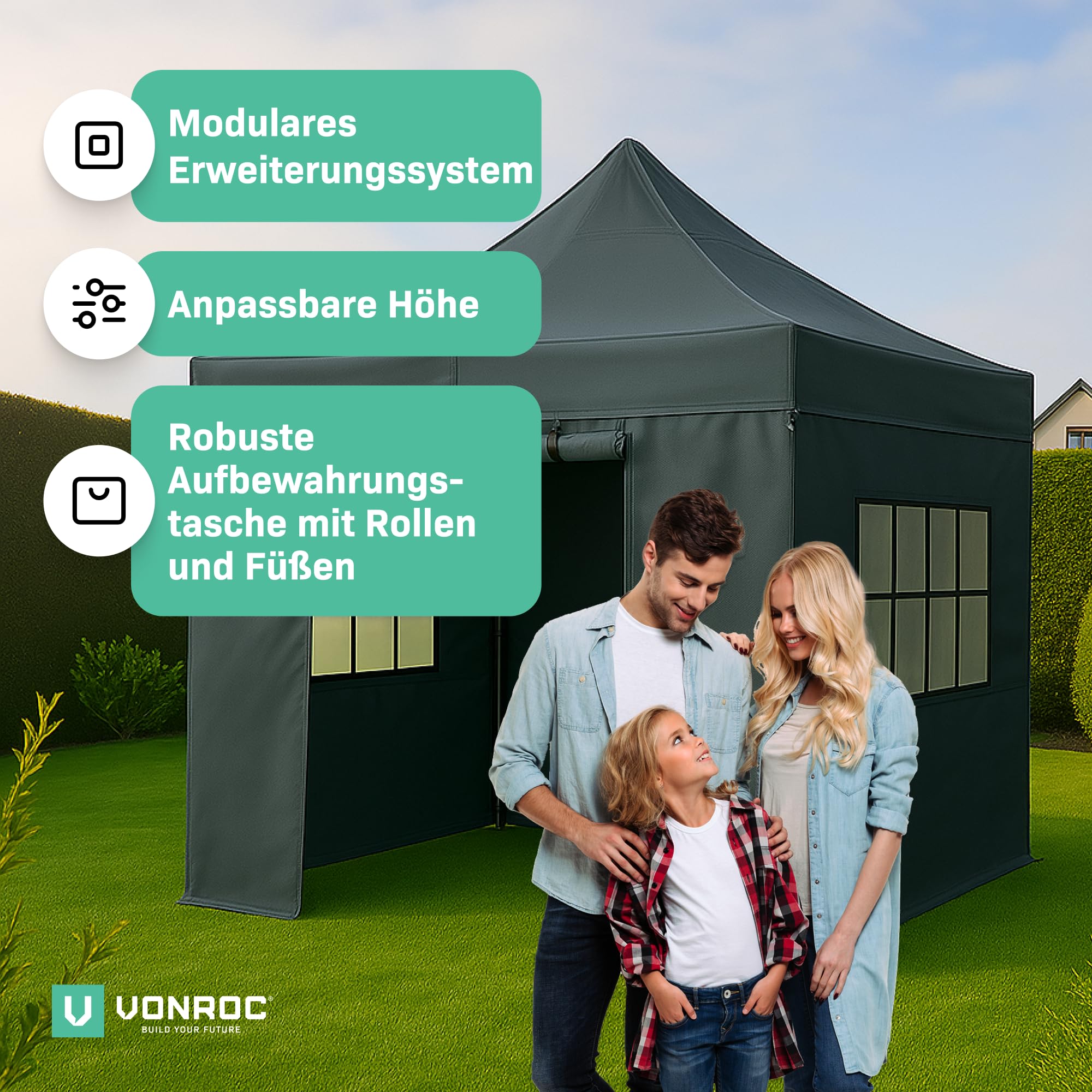 Vonroc Pavillon 3x3m Seitenwände wasserdicht stabil - Partyzelt mit Seitenwänden EasyUp System [3Min Aufbau] Popup Faltpavillon modular erweiterbar als Festival Zelt, Gartenpavillon - Grau