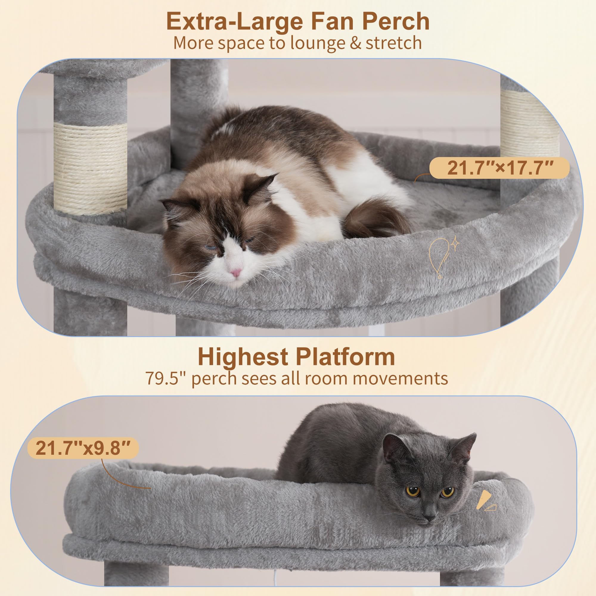 Heybly Rascador para Gatos, 191cm Arbol Rascador Grande con 2 Plataformas Descanso Extra Grandes, Superficie para Rascar, Cueva Grande Cesta Poste Sisal Adecuado Gatos Adultos, Gris Claro HCT038W