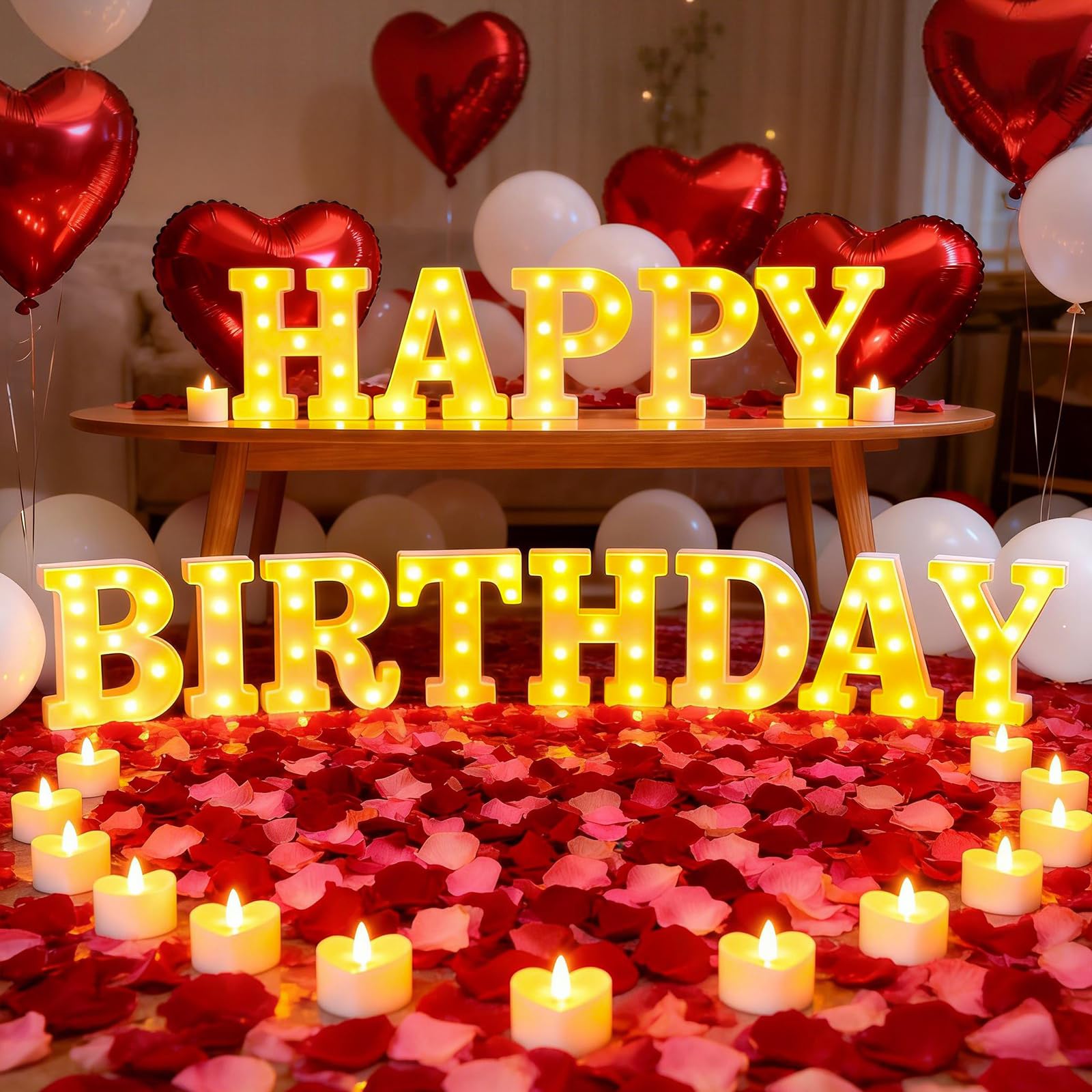 Photo 1 of Happy Birthday Light up Letters, Include Tea Lights Candles, Latex Balloons, Aluminum Balloons and Rose Petals, Special Festival, Surprise Gifts for Women and Men