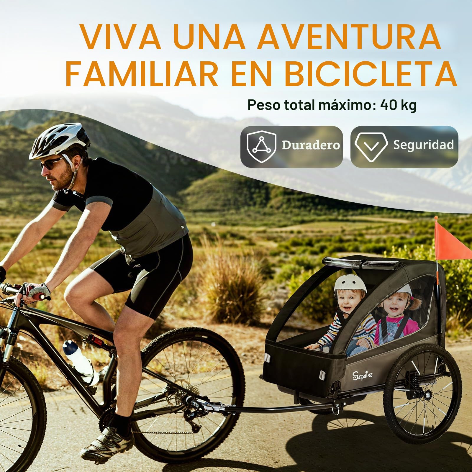 SEPNINE Remolque Infantil 2 en 1 y Cochecito con suspensión, Remolque de Bicicleta para 1 a 2 niños máximo, función de Jogger, Plegable, Amplio Maletero