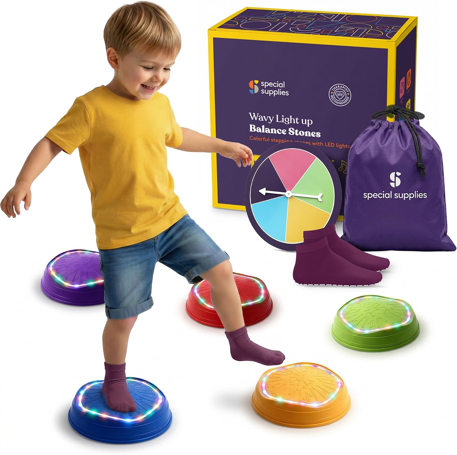 Special Supplies MUSICAL LED Stepping Stones for Kids -Light-Up Balance Blocks- Coordination & Balance for Toddlers & Children- Durable Non-Slip Rubber, Safe Indoor & Outdoor Play-Set of 5