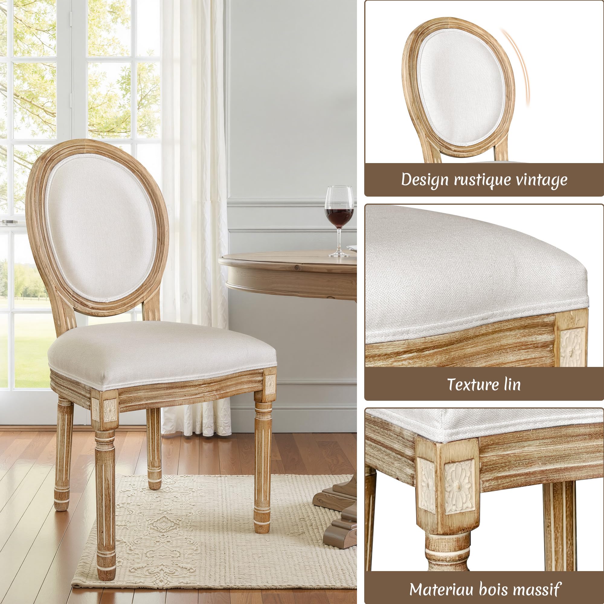 BonVache Lot de 2 chaises de Salle à Manger rétro, chaises de Cuisine avec Dossier Ovale Classique, Assise rembourrée en Tissu Aspect Lin, Chaise pour Salle à Manger, Bureau, Salon, Blanc Craie