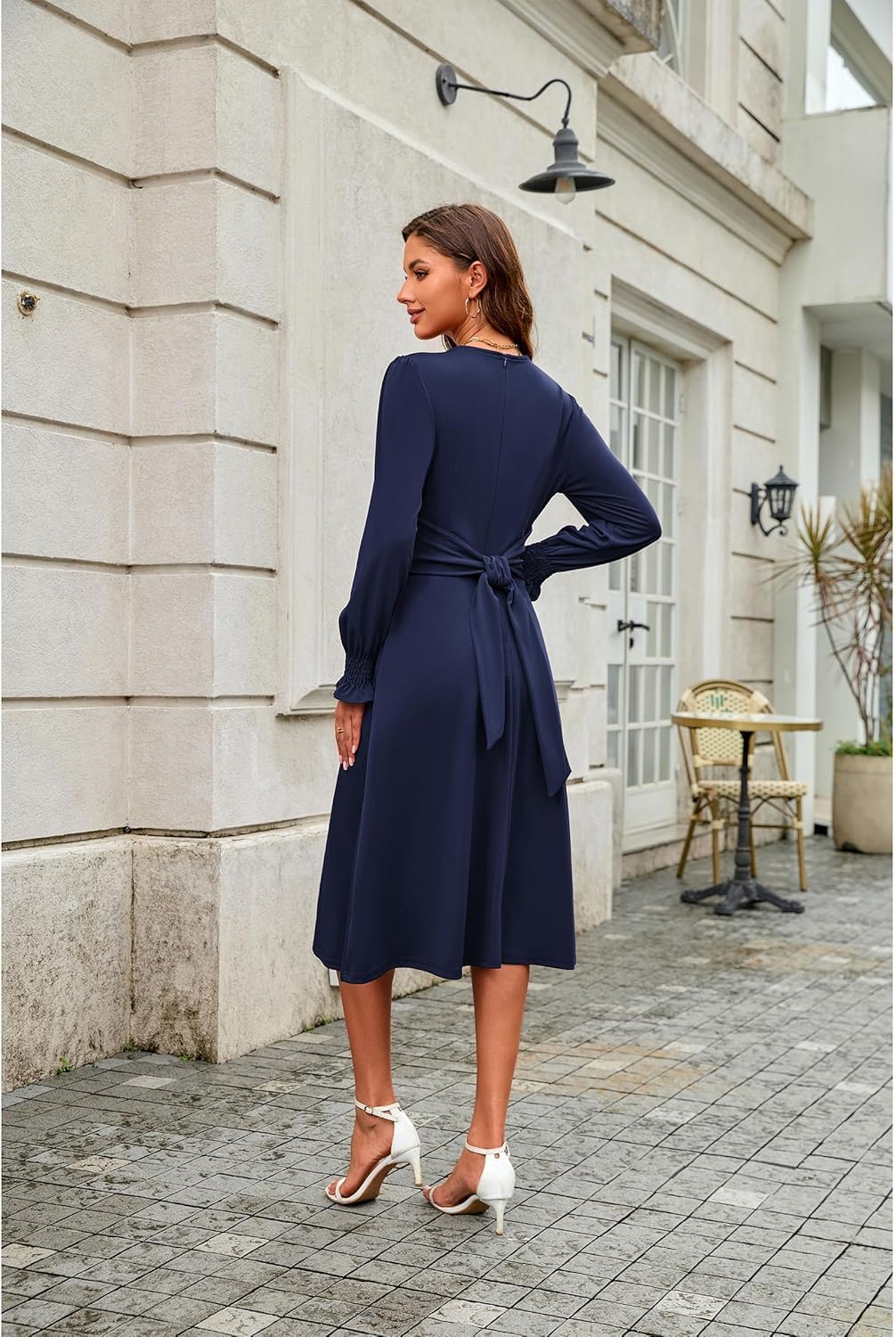 ECOWISH Womens Midi Dress 2025 Fall Long Sleeve Tie Waist Elegant Work Party Cocktail A Line Flowy Dresses with Pockets - Image 3