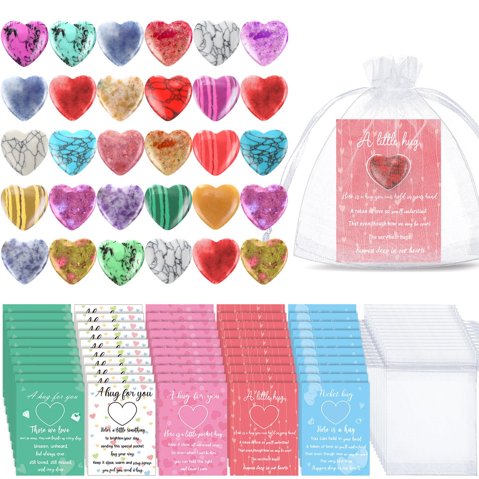 Tondiamo 60 Sets Pocket Hug Valentines Gift Bulk, 0.8 Inch Natural Heart Crystal Worry Stones with Hug Cards and Organza Bags, Small Cute Love Pocket