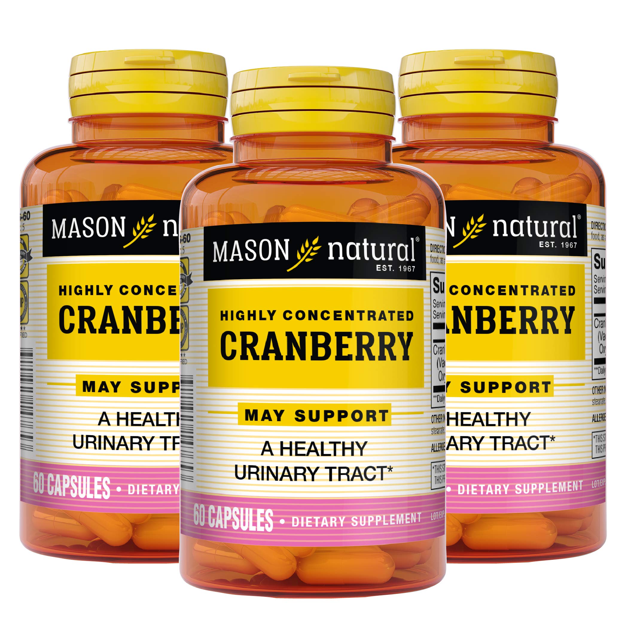 MASON NATURAL Cranberry Highly Concentrated Supports Antioxidant and Immune Health, Maintains a Healthy Urinary Tract Capsules, Pink, Supplement 450 mg, 60 Count, Pack of 3