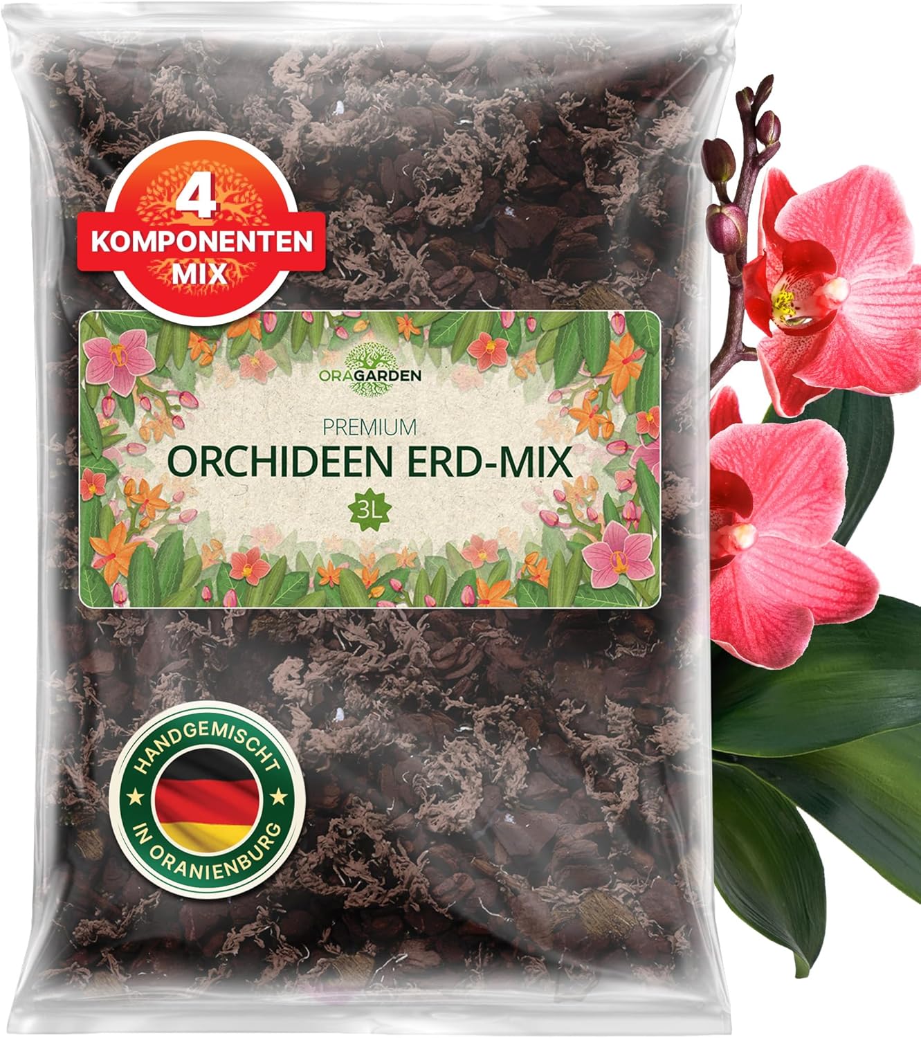 Orchideenerde für Zimmerpflanzen und Garten - 3L Orchideensubstrat für Pflanzen, Palmen, Blumen - 4 Komponenten Blumenerde