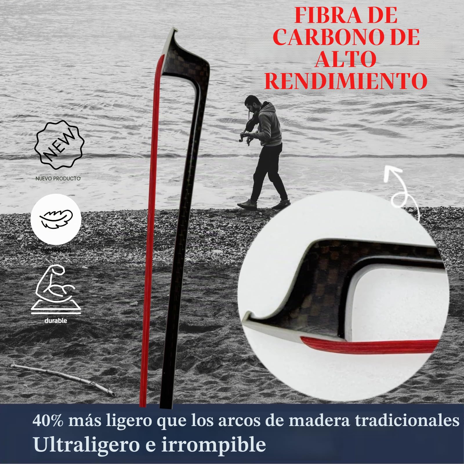 Arco para violín de fibra de carbono 4/4, ultraligero e irrompible con crin de caballo de colores, incrustaciones de rana de madera de serpiente y nácar, grado profesional para viajes y actuaciones