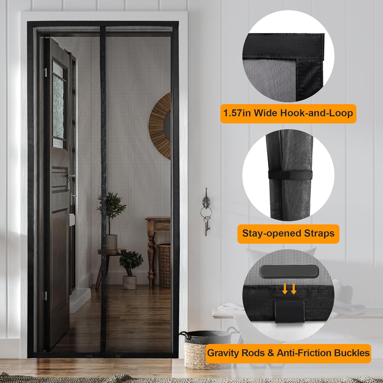 Magnetic Screen Door, Polyester Mesh Partition for Front/Sliding Door, Self Sealing with Powerful Magnets, 1.57 in Wide Webbing, Keep Bugs Out, Screen Size 31x80in, Black