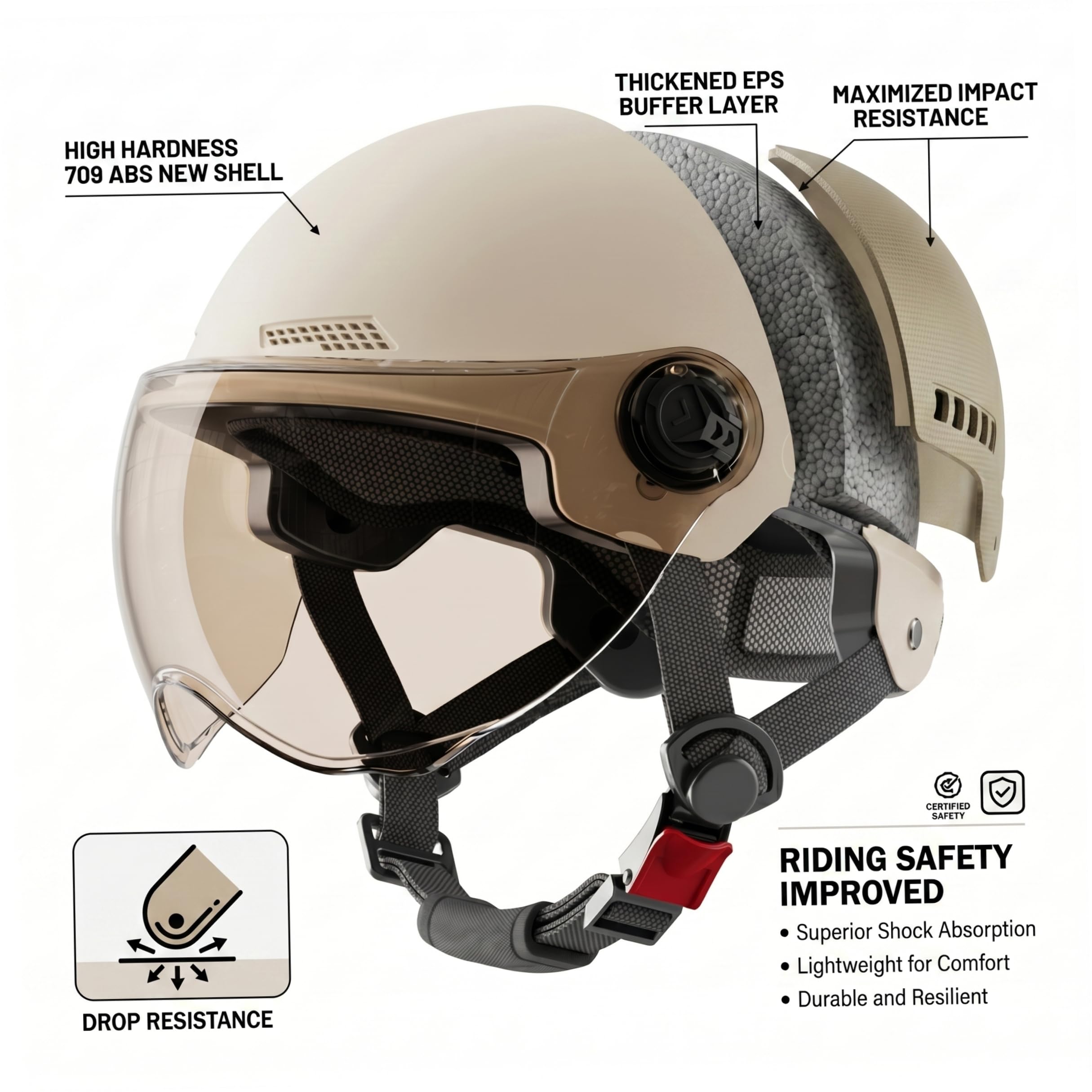 Casco semi-leggero da donna con visiera parasole, casco semi-facciale, scooter protettivo, equipaggiamento di sicurezza, albicocca