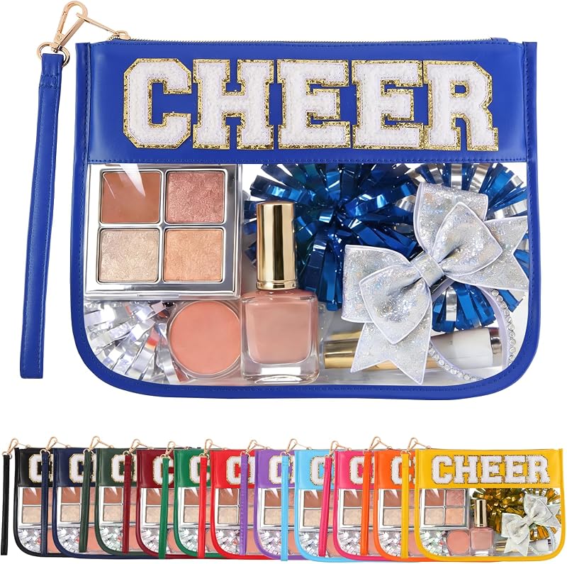 Necessaire de maquiagem KYTACCU Cheer com letras de chenille, zíper e alça de pulso, azul royal, 1 unidade