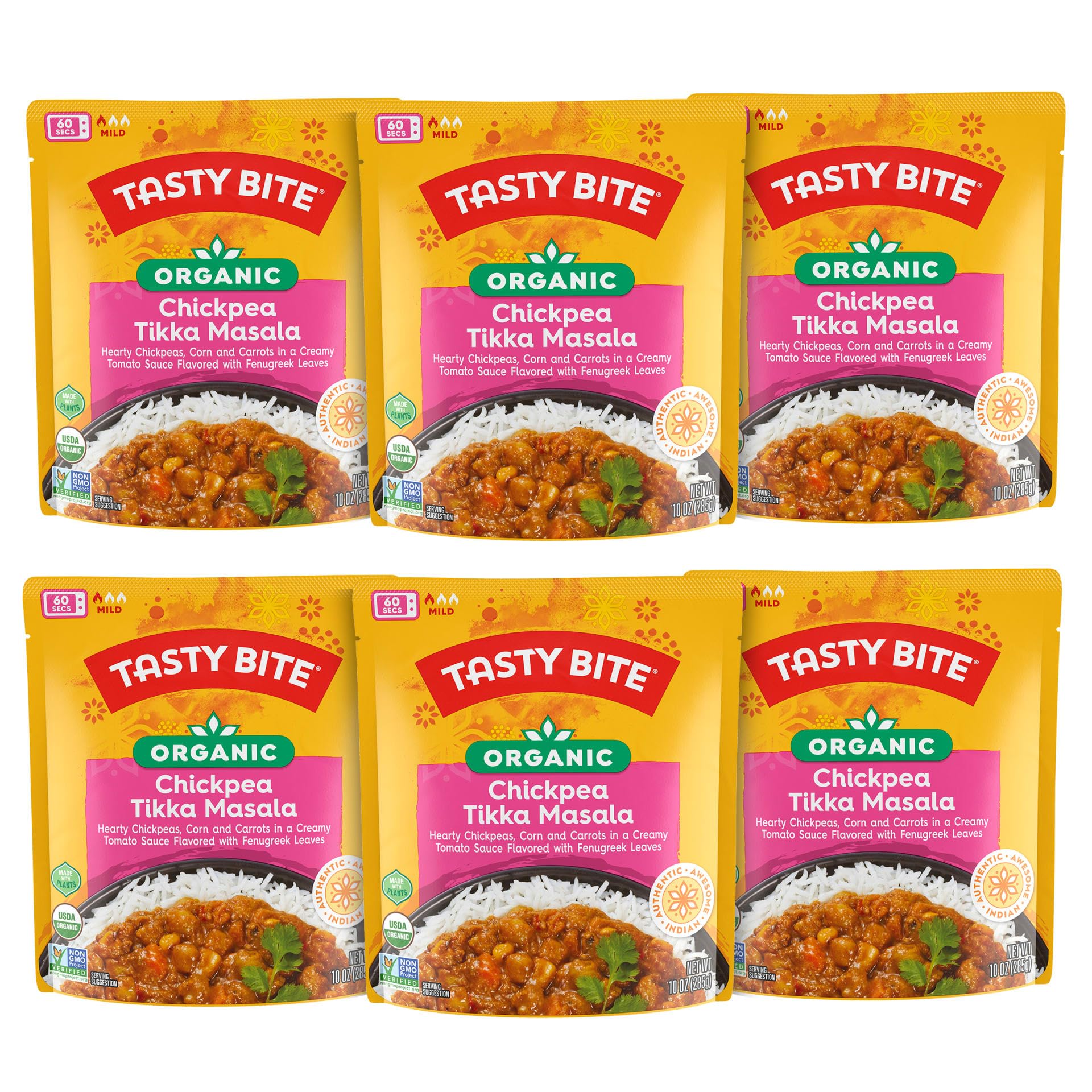 Tasty Bite Organic Chickpea Tikka Masala, Ready to Eat, Microwavable Entrée, Vegan, 10 Ounce (Pack of 6)