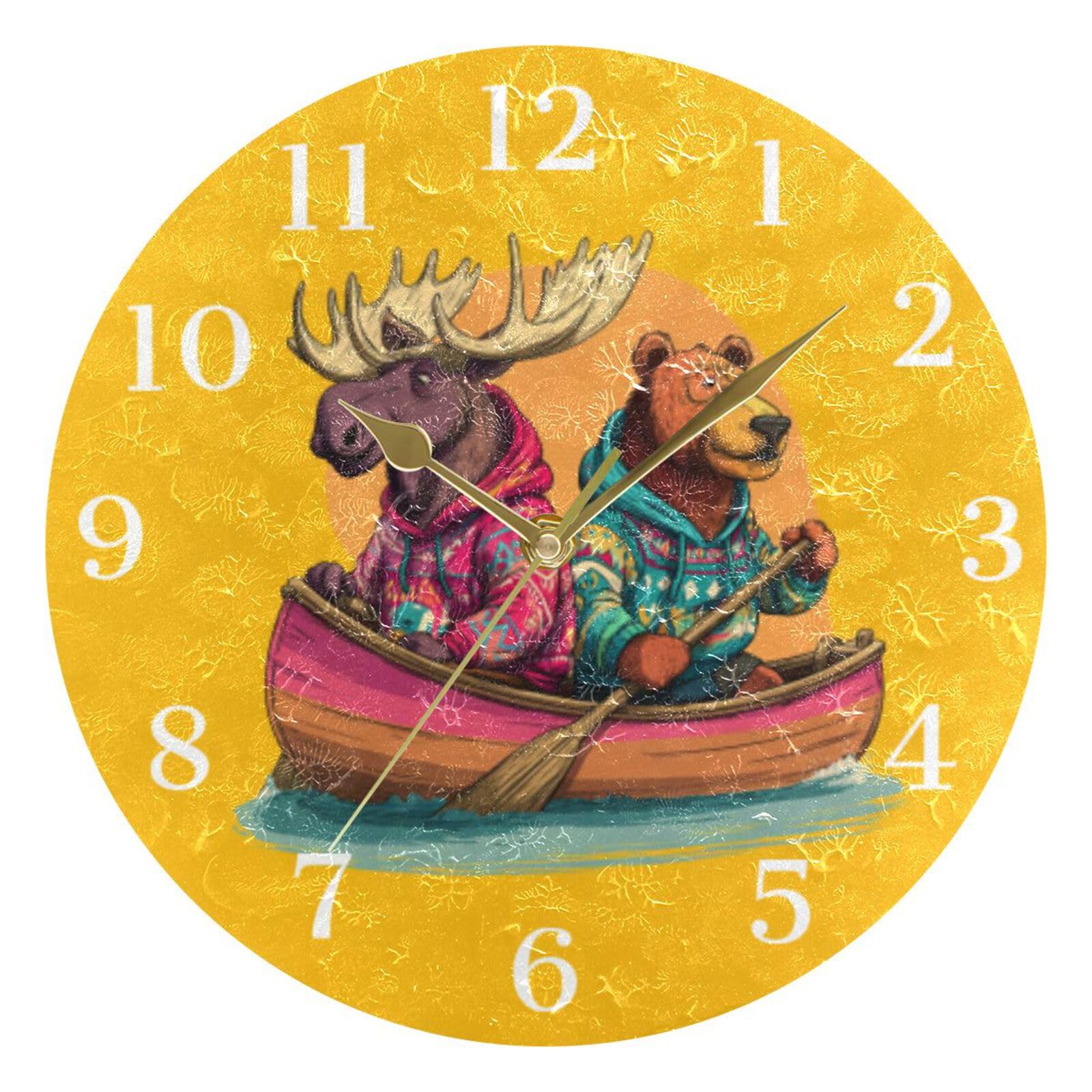 Ensound Moose and Bear in Canoe Wall Clock Silent Non-Ticking Battery Operated Clocks 12 Inch for Kitchen Home Living Room Gold