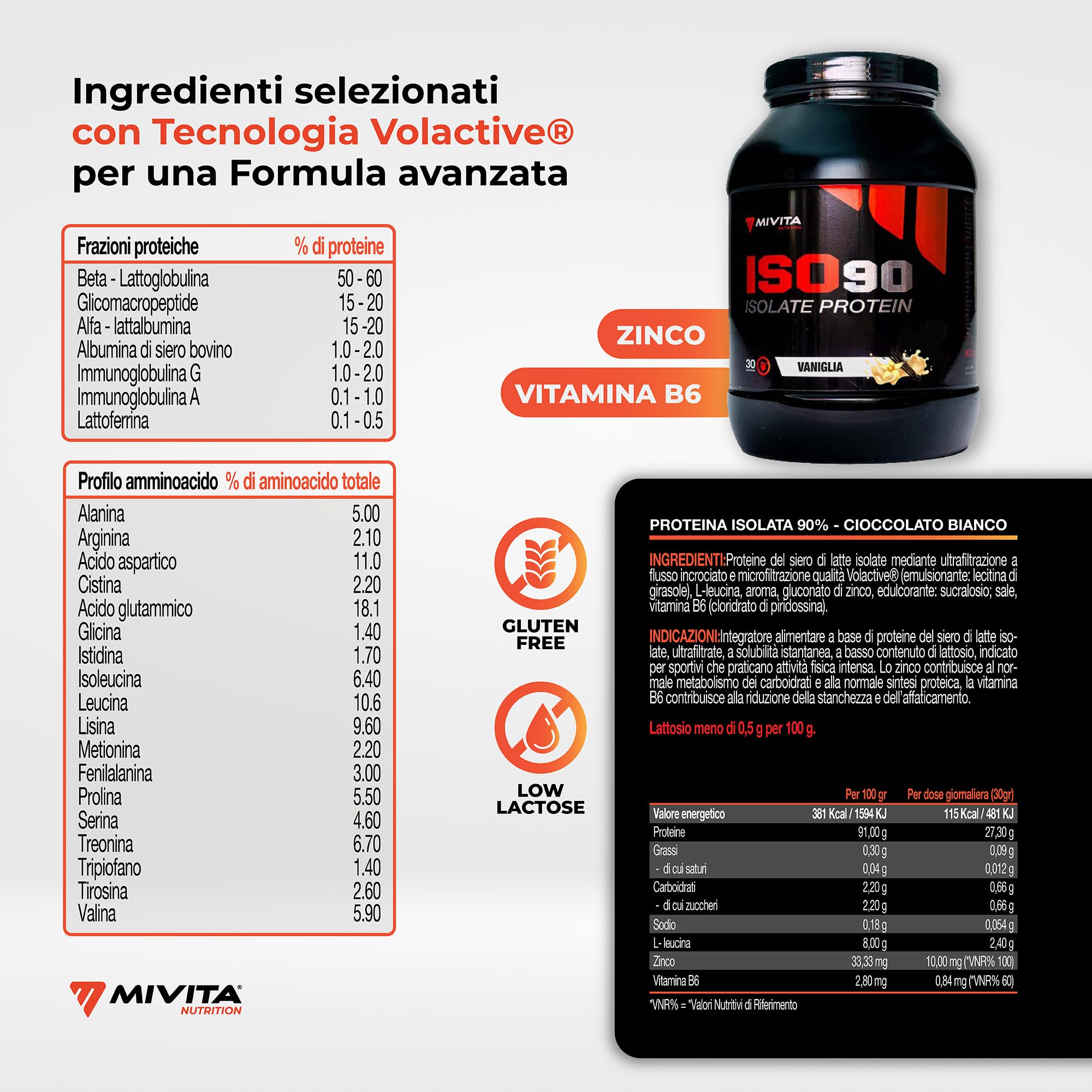 Mivita - ISO 90 Isolate Protein 900 g – Proteine Isolate in Polvere 90% – Proteine del Siero del Latte Isolate – Senza Zuccheri e Glutine – Con Zinco e Vitamina B6 (Vaniglia)