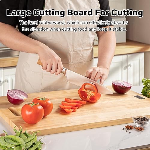 Miniatura 4 de Tabla de cortar extragrande de 24 x 16 pulgadas, tabla de cortar de madera 2XL para cocina, tabla de cortar carne de madera de caucho con asa, tabla