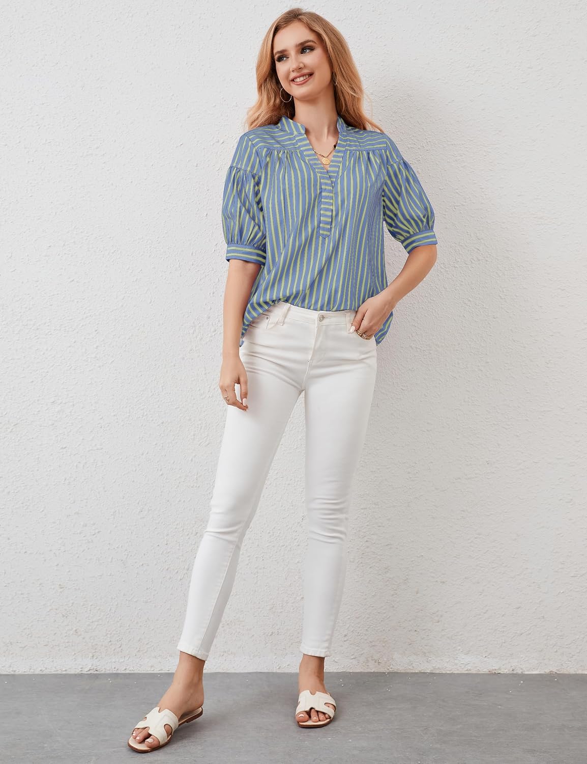 Womens Short Puff Sleeve Striped Blouses Top V Neck Loose Fit Casual Summer Work Blouses Striped Shirt - Image 3