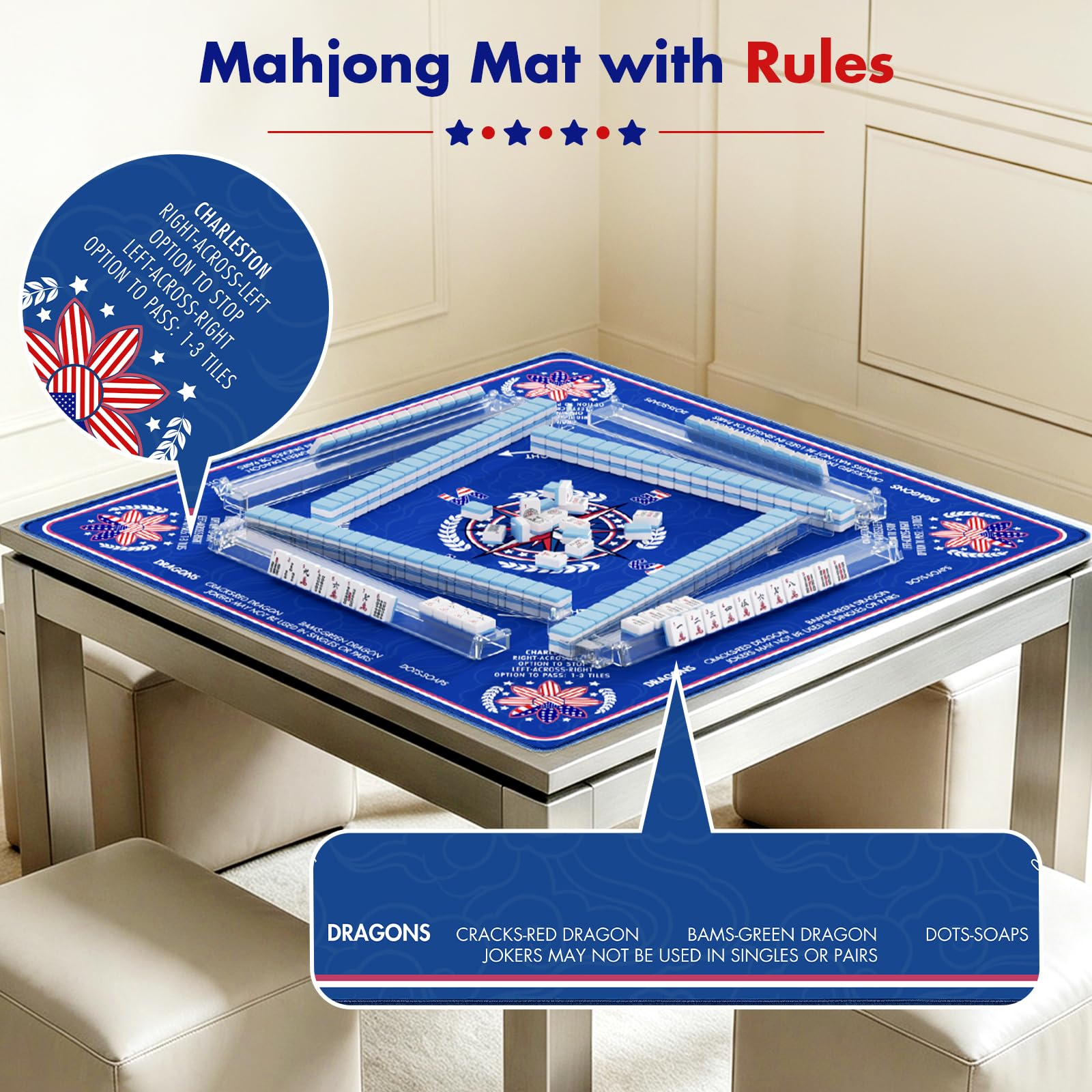 Tapis Mahjong avec règles et thème américain, 83,8 x 83,8 cm, nappe | Tapis de mahjong américain avec sac de transport pour dominos poker et jeux de cartes, tapis de jeu en caoutchouc pour table