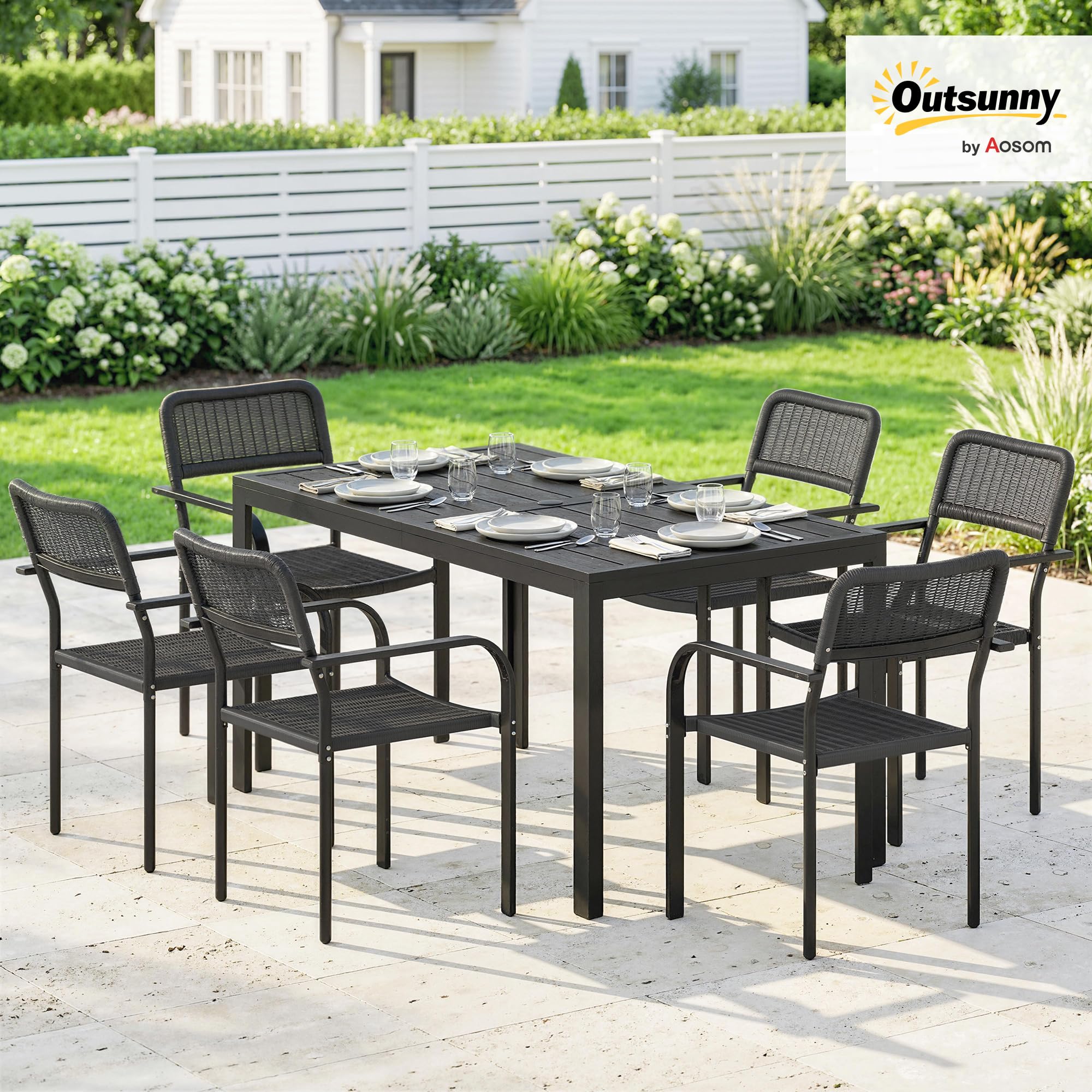 Outsunny Set Tavolo e Sedie da Giardino 7 Pezzi, Set da Pranzo Esterno con 6 Sedie Impilabili in Plastica Finto Rattan e Tavolo in Metallo Effetto Legno, Nero
