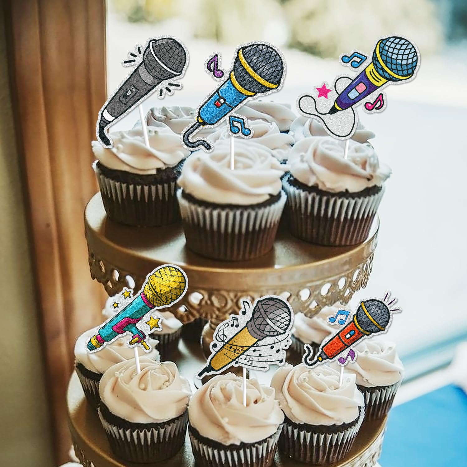 18pcs Glitter Microphone Cupcake Toppers - Gold Silver Music Party Decor For Birthday, Wedding, KTV Theme